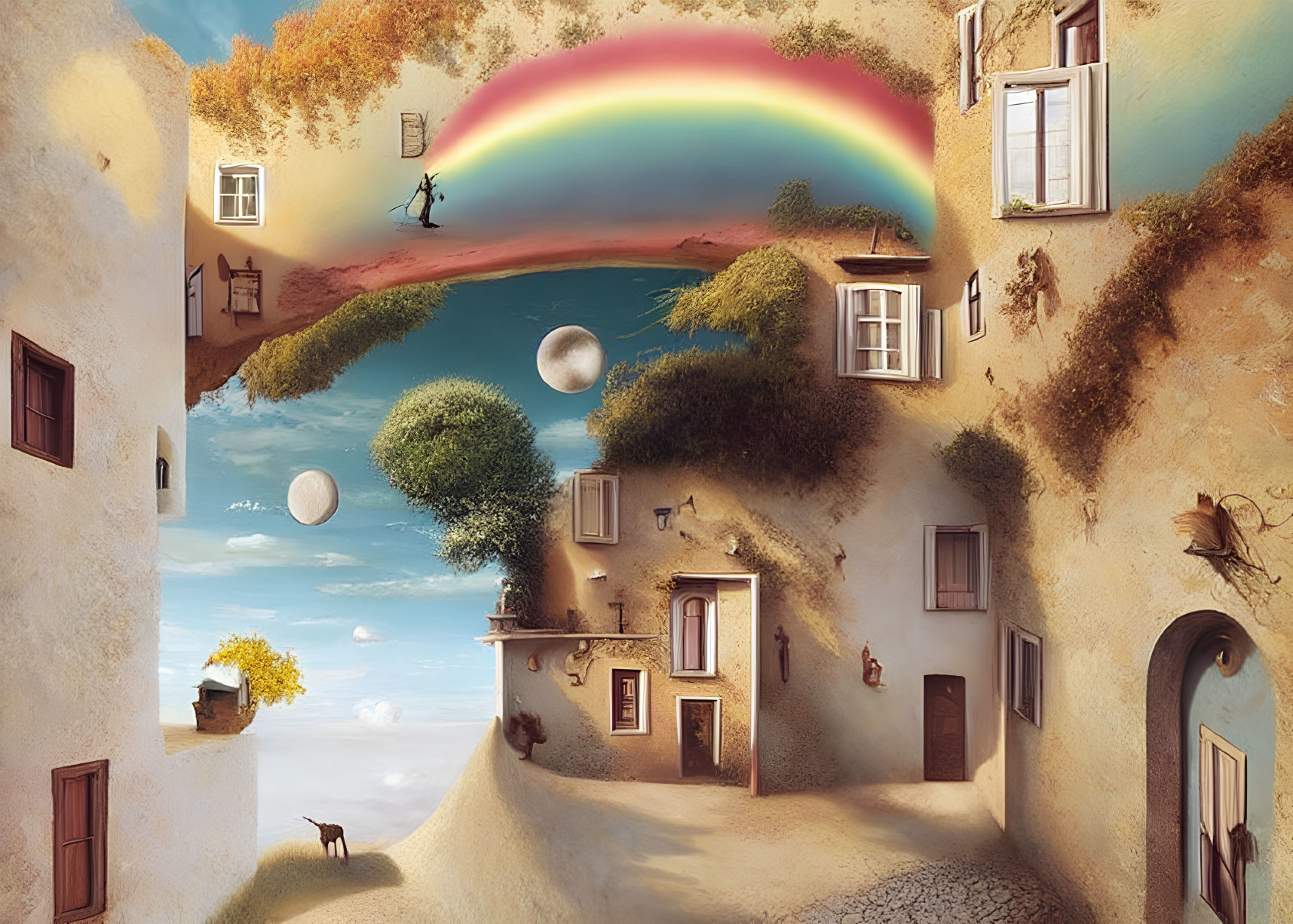 Circular surreal landscape with rainbow, floating orbs, person, and dog.