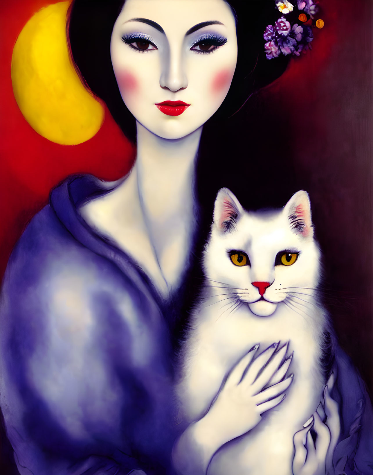 Stylized painting of pale woman with red lips and cat on red-yellow background