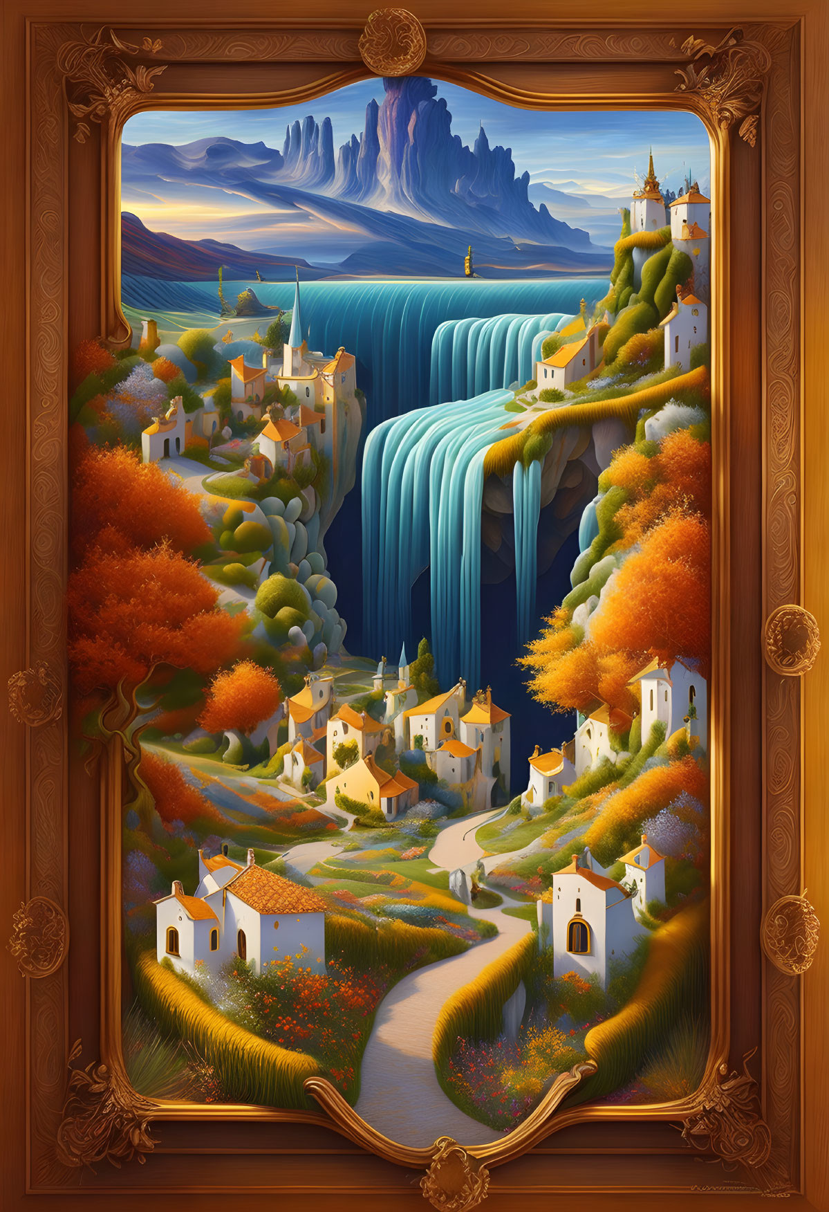 Scenic painting of waterfall village with autumn trees and mountains