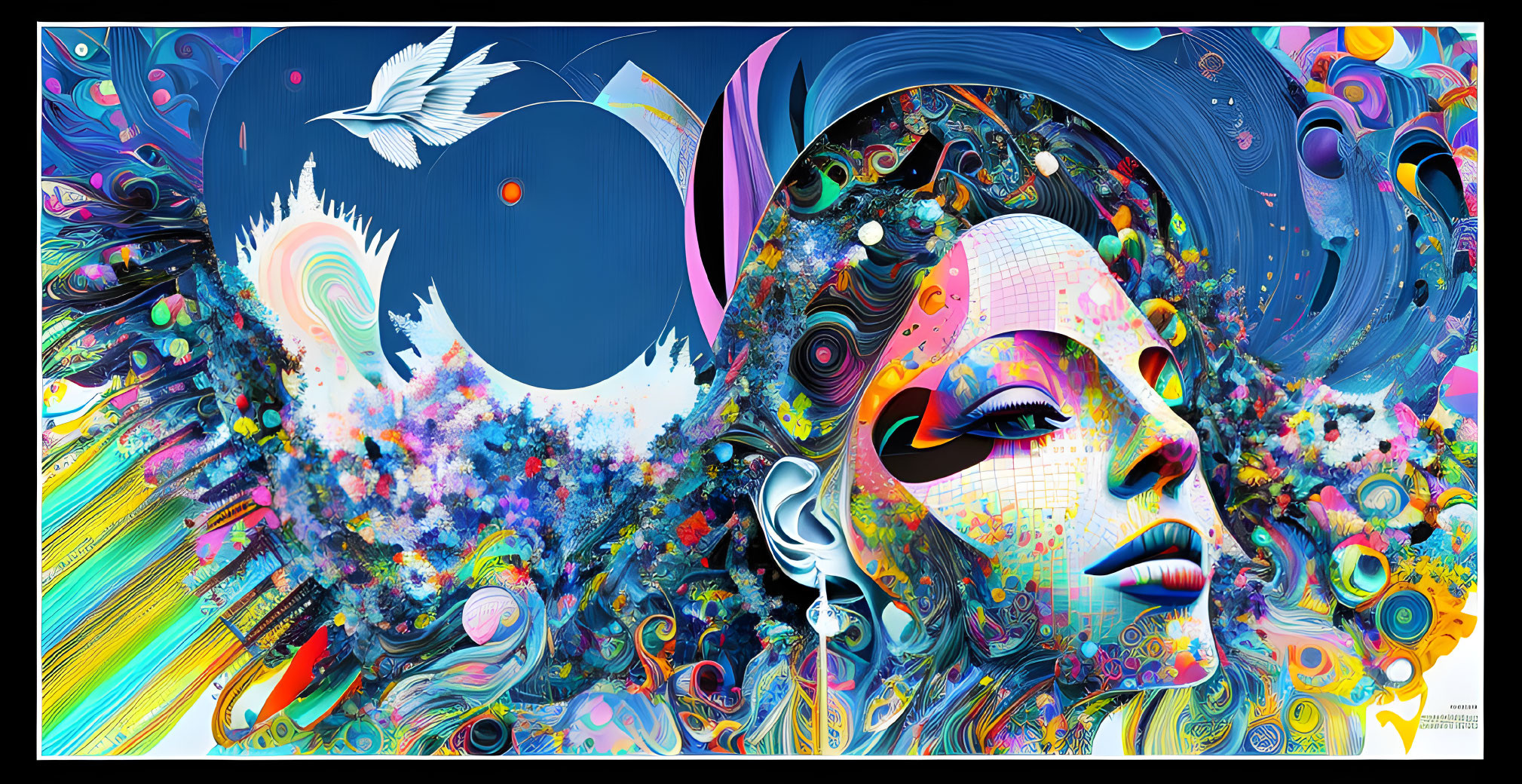 Colorful abstract artwork: woman's face, swirling patterns, plants, bird, crescent moon