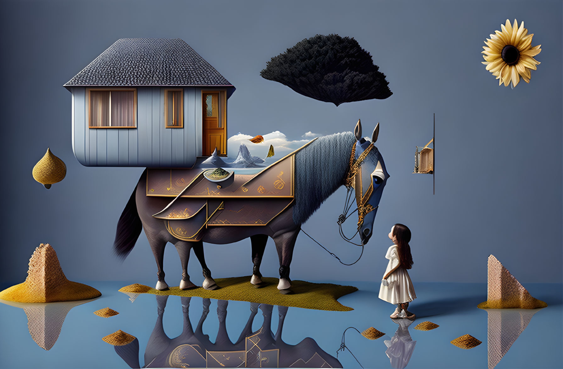 Surreal artwork: horse with house, girl, floating objects, beehive-shaped hills,