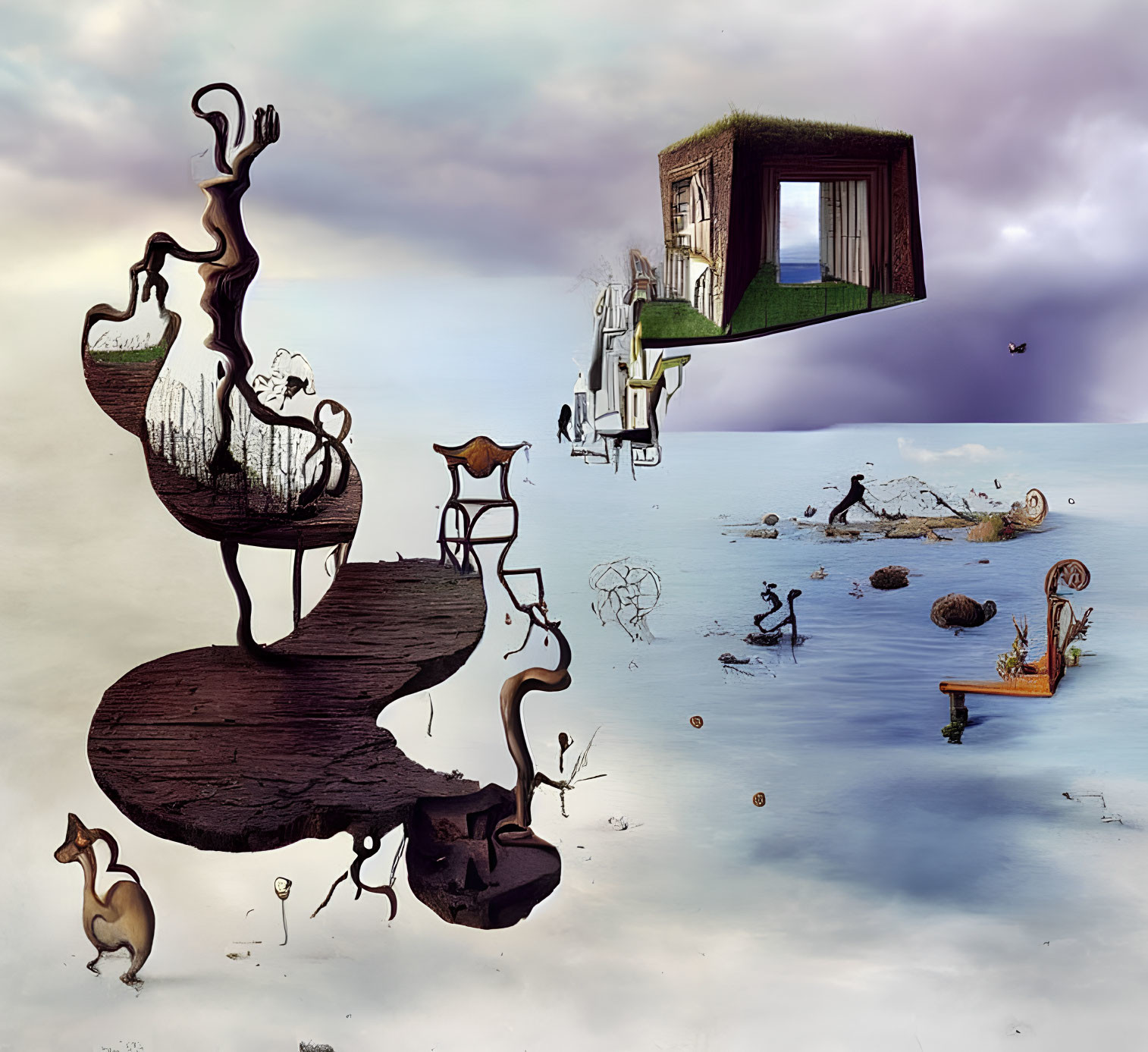 Surreal landscape with twisted pathway, levitating house, grass roof, floating objects, whimsical