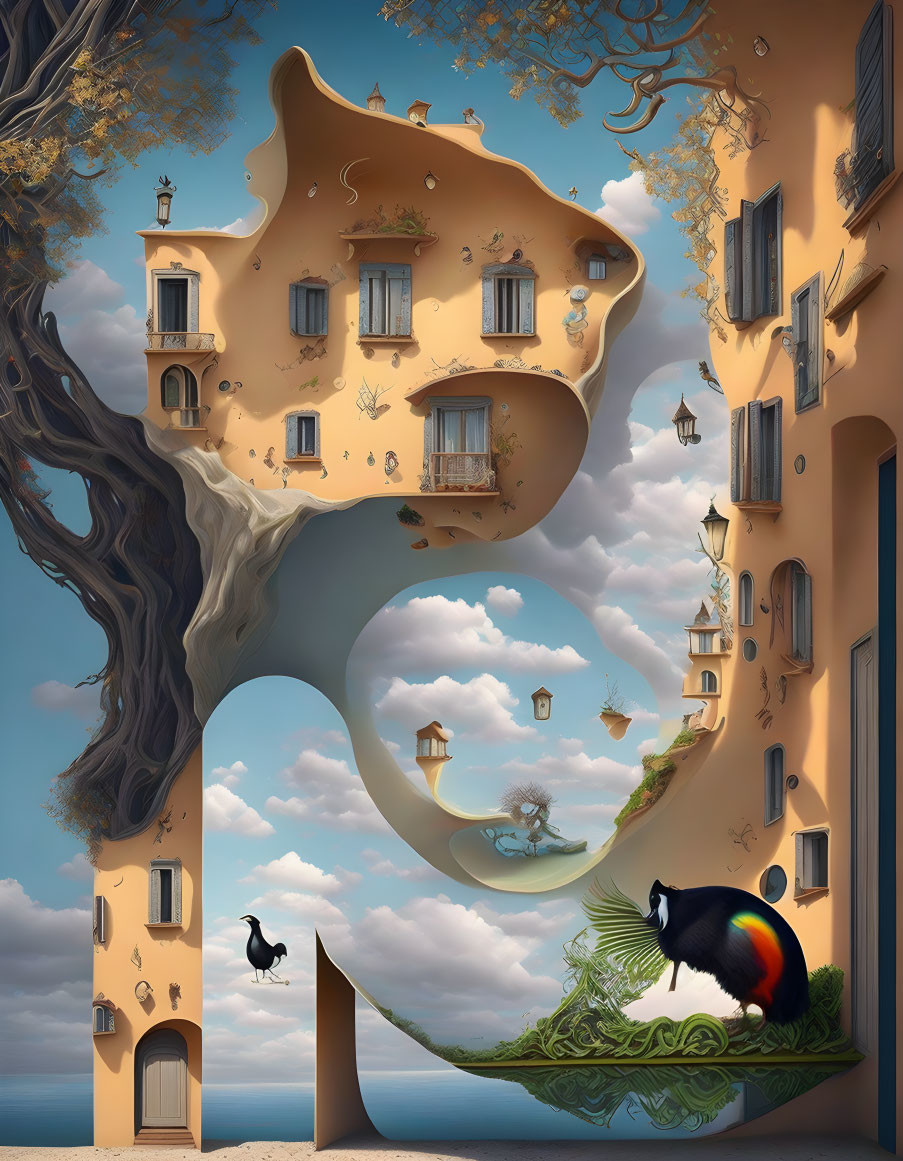 Surreal artwork featuring impossible architecture, flowing staircases, whimsical elements, tree, and pe