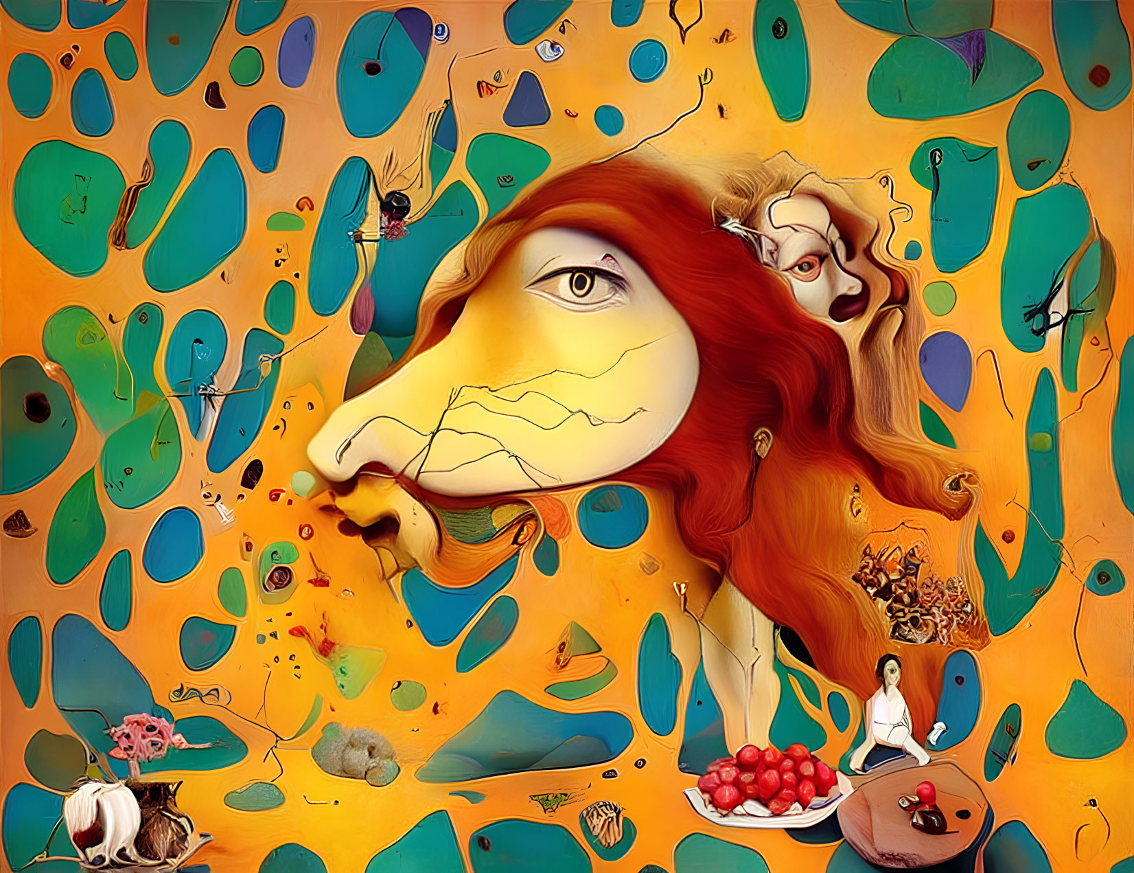 Colorful surrealistic artwork: lion's face with human elements, abstract shapes, and dreamlike figures