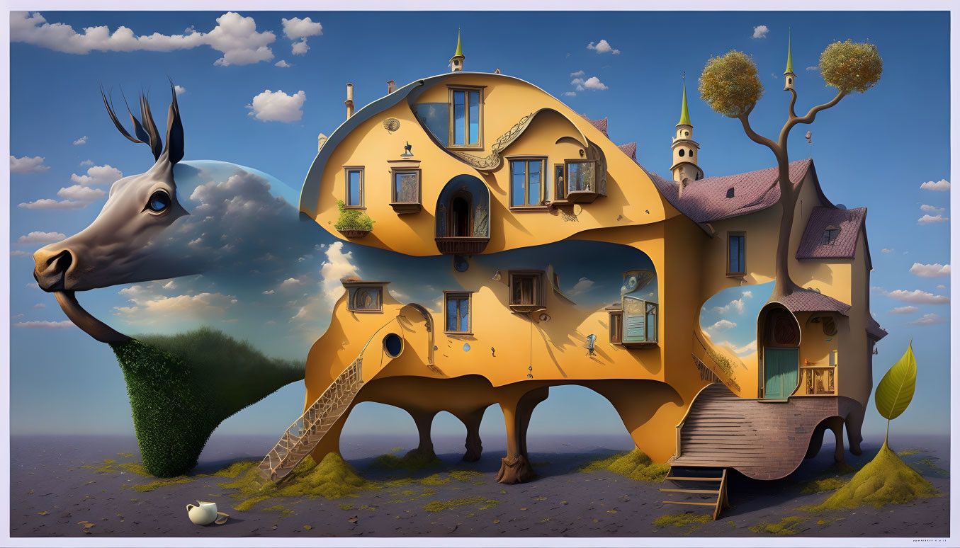 Surreal cow-house fusion under blue sky with floating grass and duck