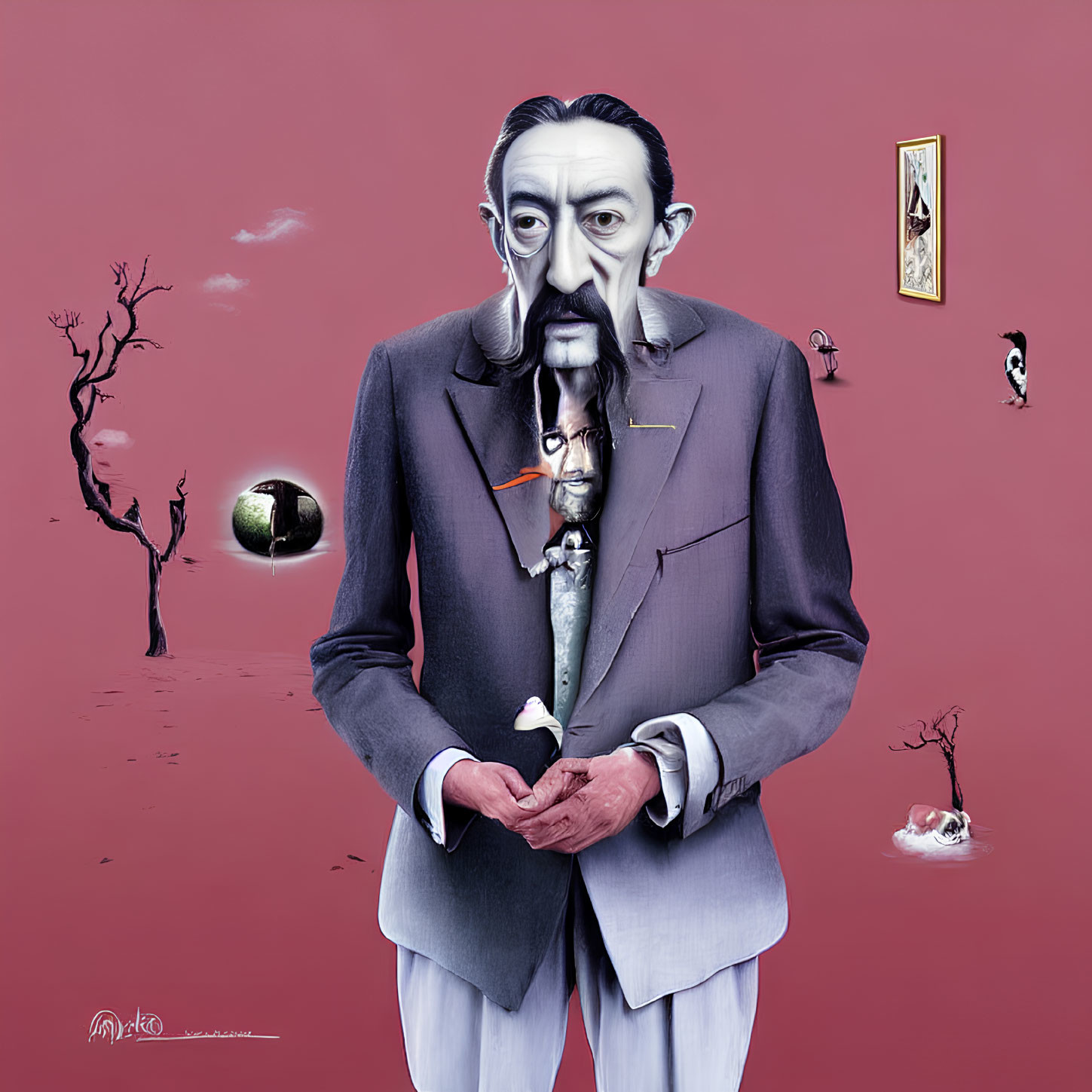 Surreal portrait with Dali-like imagery and exaggerated facial features