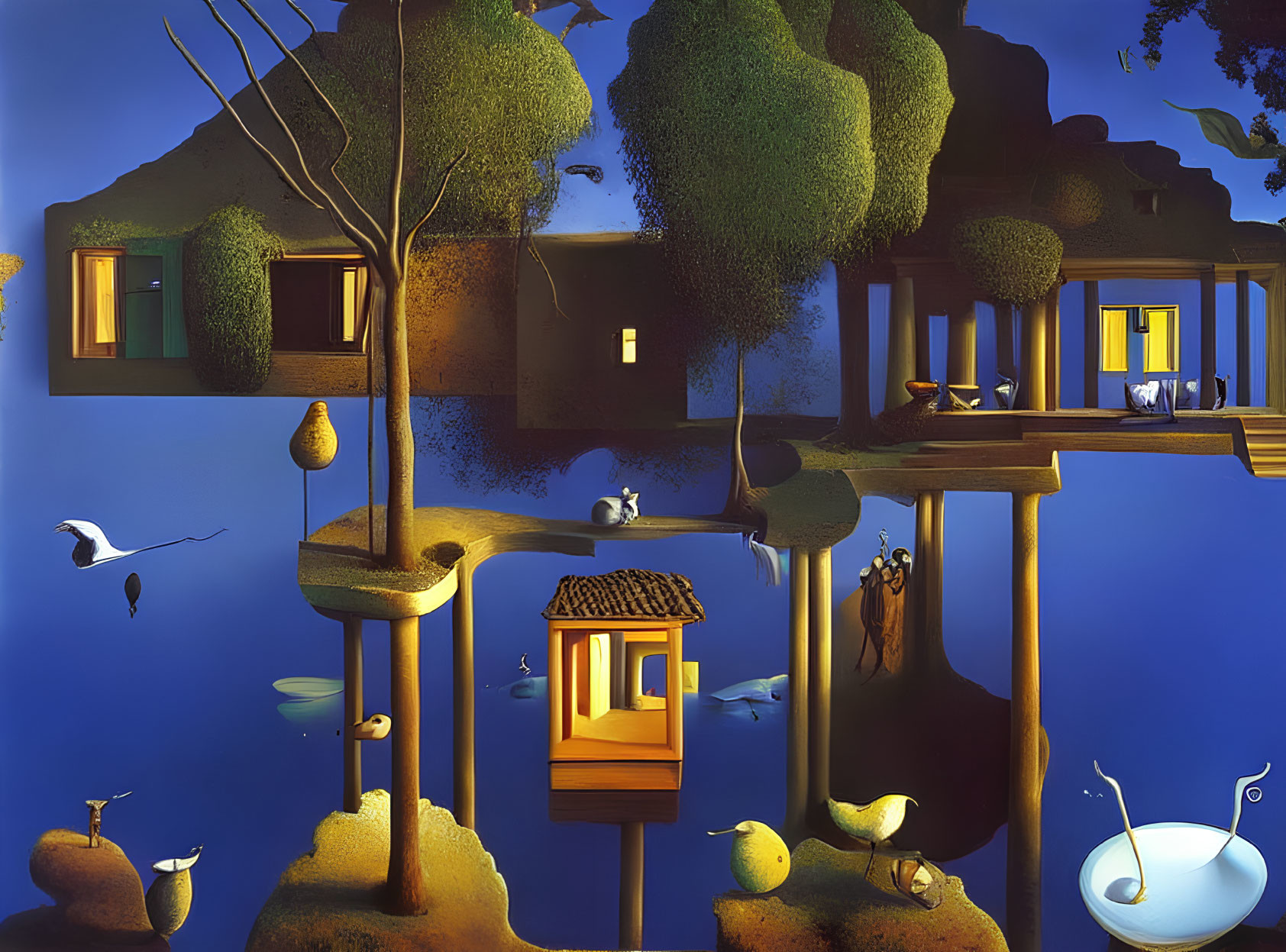Surreal nighttime landscape with tree houses, birds, fish, and overflowing cup
