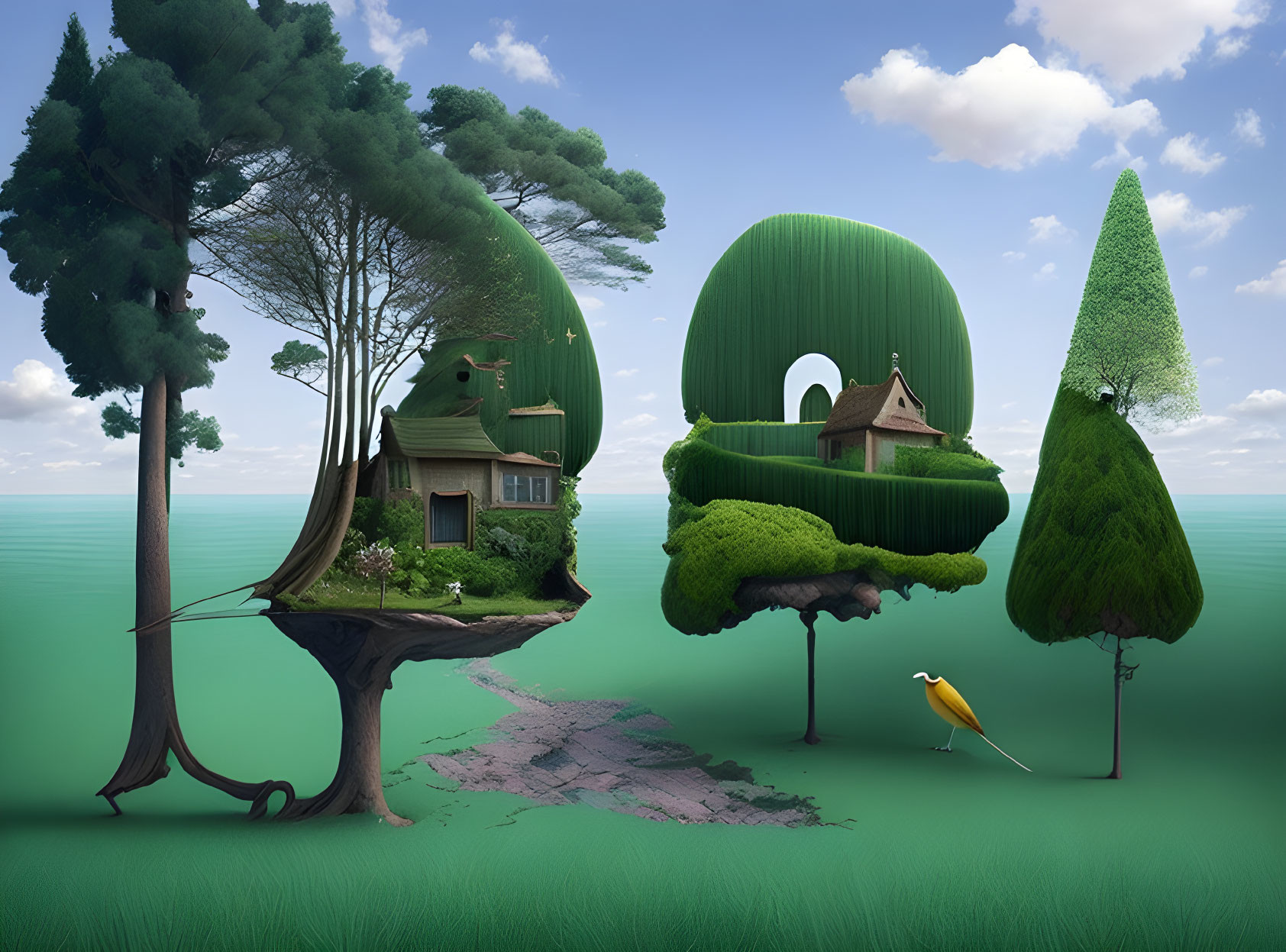 Whimsical tree-shaped houses in surreal landscape under blue sky