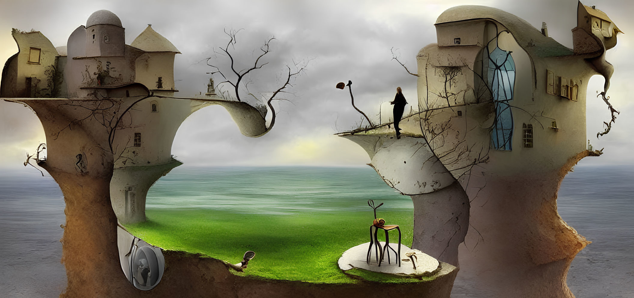 Surreal landscape with floating islands and whimsical structures