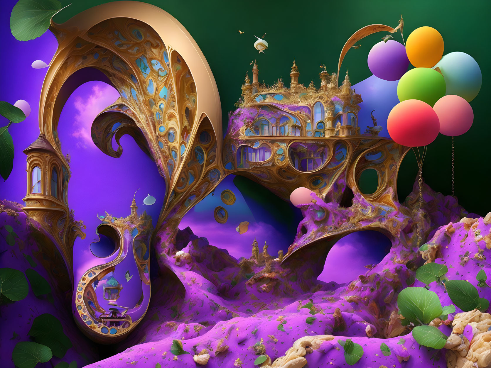 Surrealist artwork with fantastical architecture, balloons, bird, and lush greenery