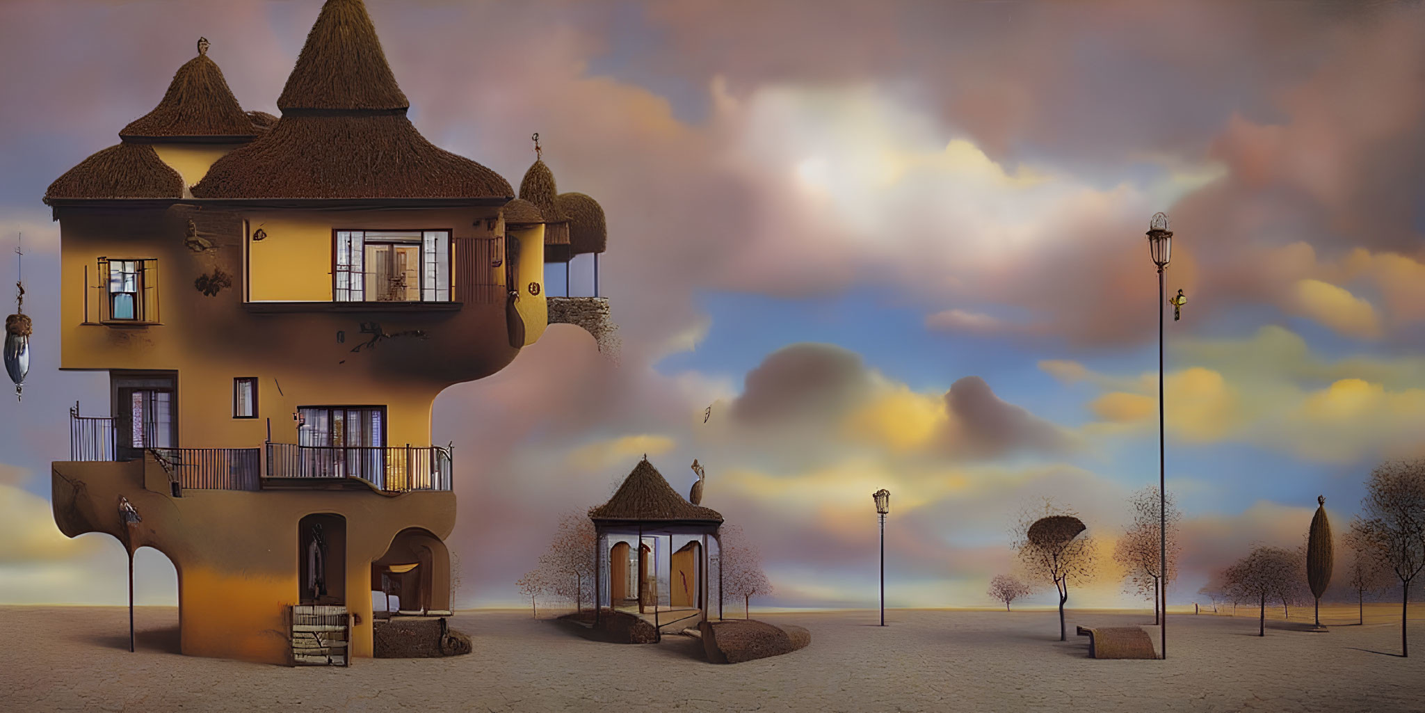 Surreal inverted house in twilight landscape with floating elements