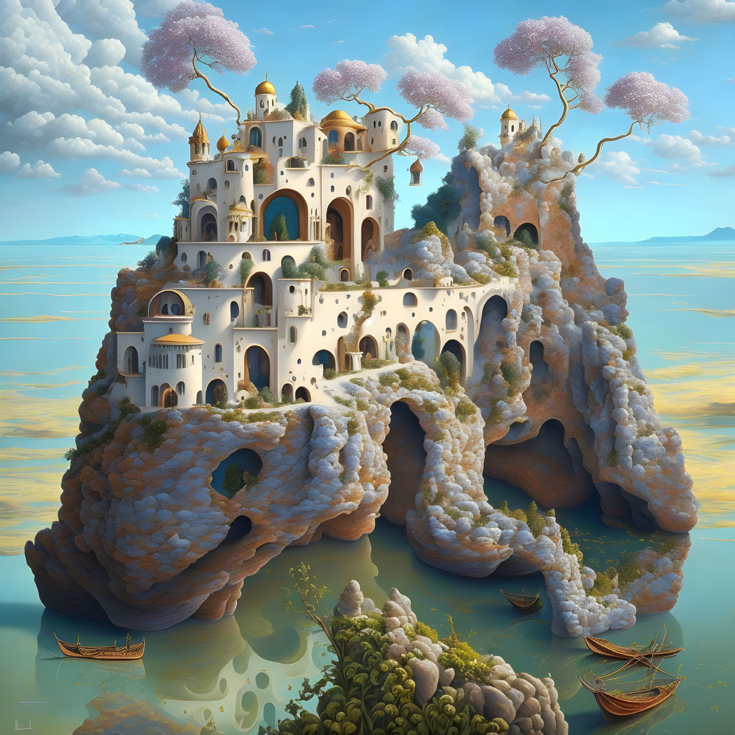 Floating rock island castle above water with arches and boats below