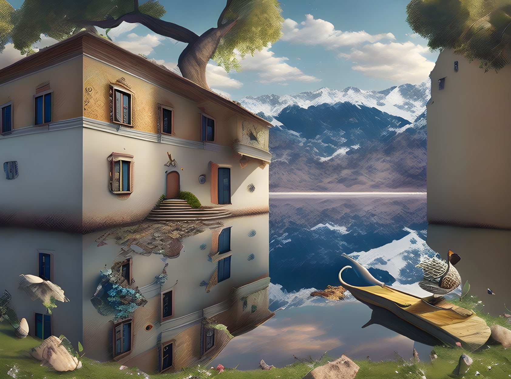 Surreal image of flipped house, floating boat, duck, and mountain scenery