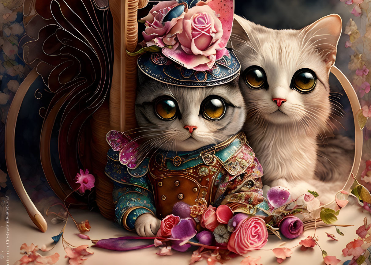 Stylized anthropomorphic kittens in decorative clothing with floral elements under wicker chair