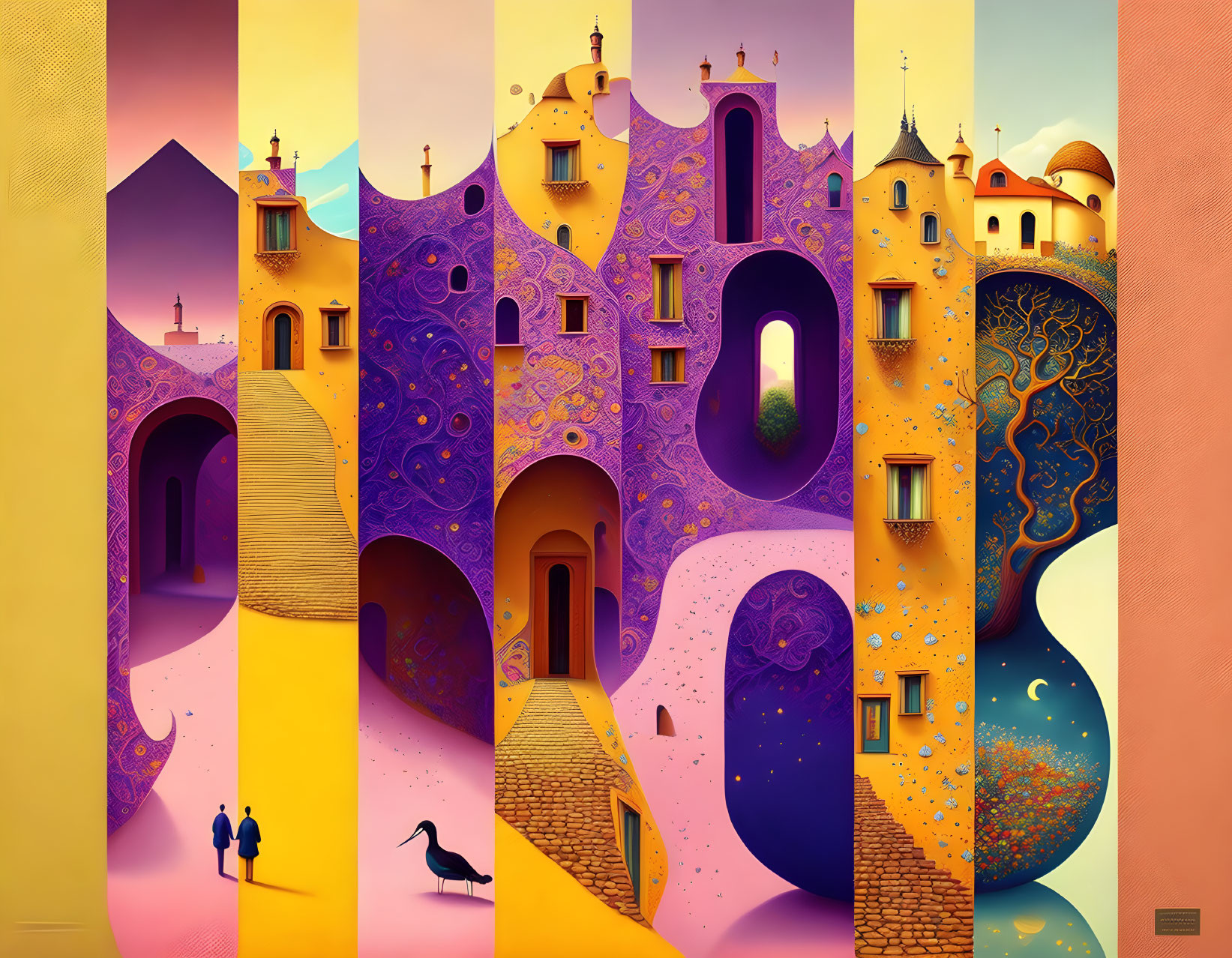 Colorful surreal illustration of whimsical buildings and silhouetted figures