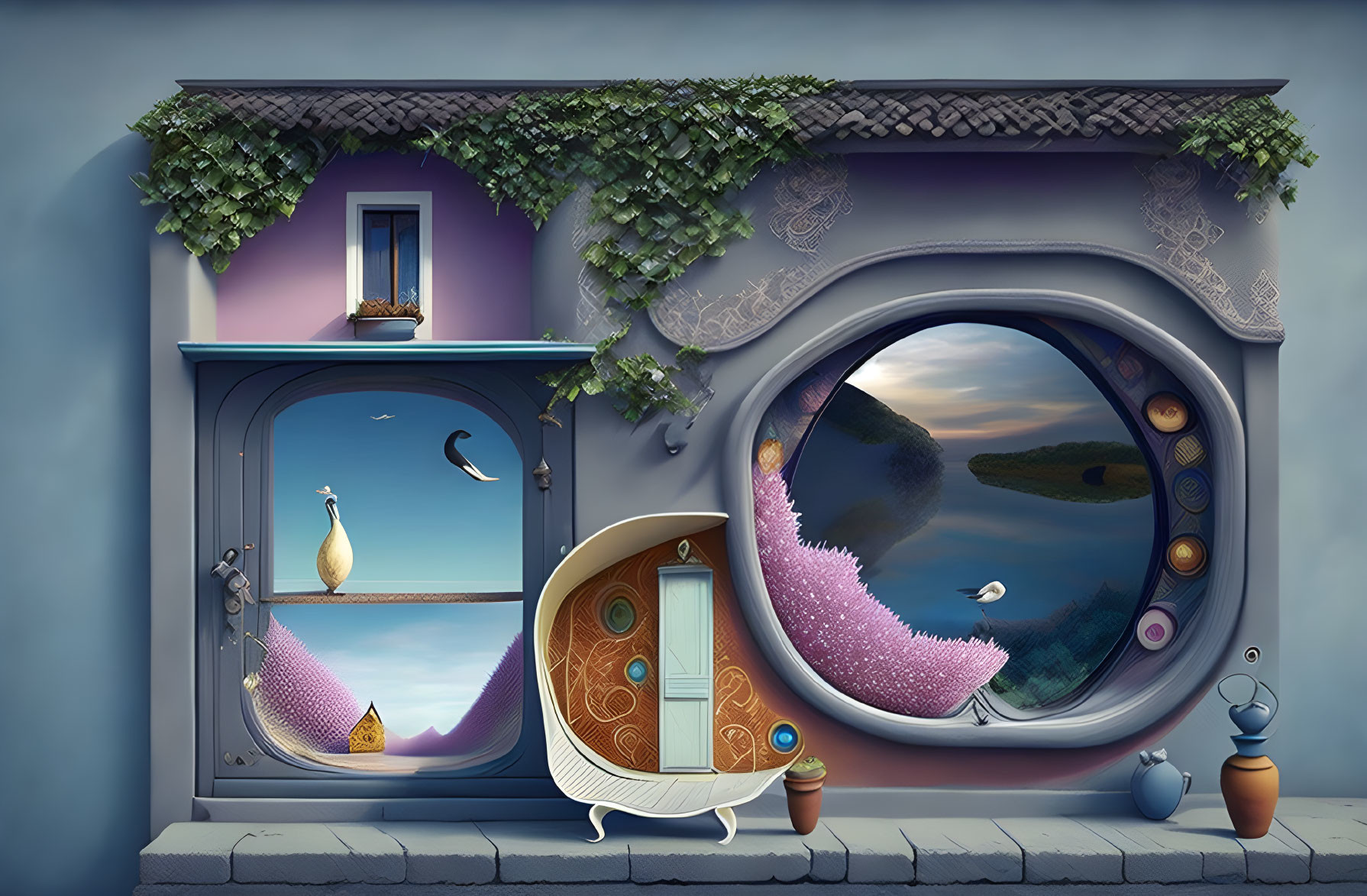 Whimsical illustration of room with oval window, peacock on purple chair, surreal blend of indoor