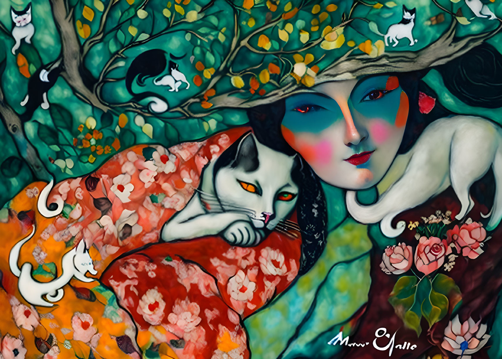 Surreal illustration of woman with mask face embraced by cat amid floral patterns