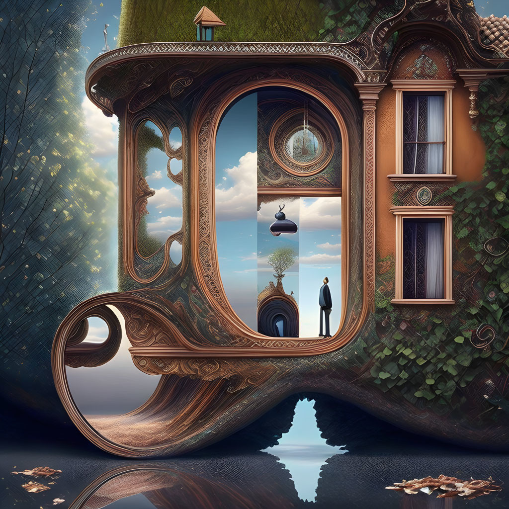 Unique surreal art: ornate coffee cup house with man and nature blend