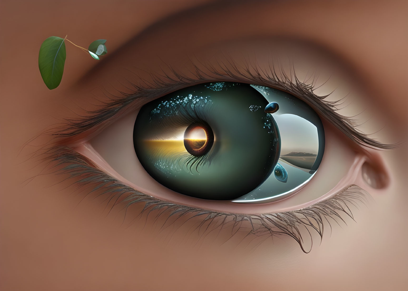 Surreal eye image with scenic reflection and nature elements