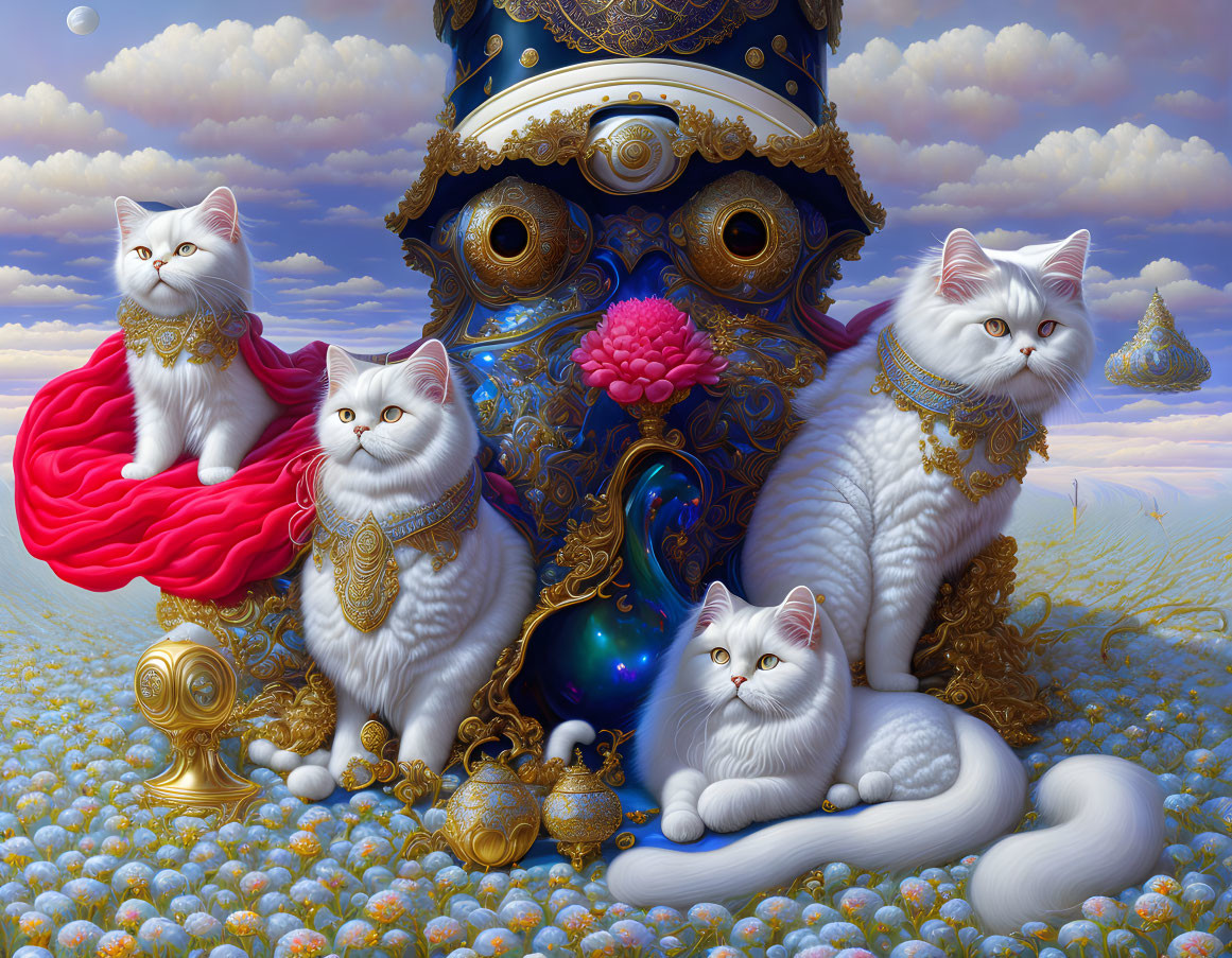 Ornate image of three regal white cats with gold jewelry around surreal blue clock-like structure