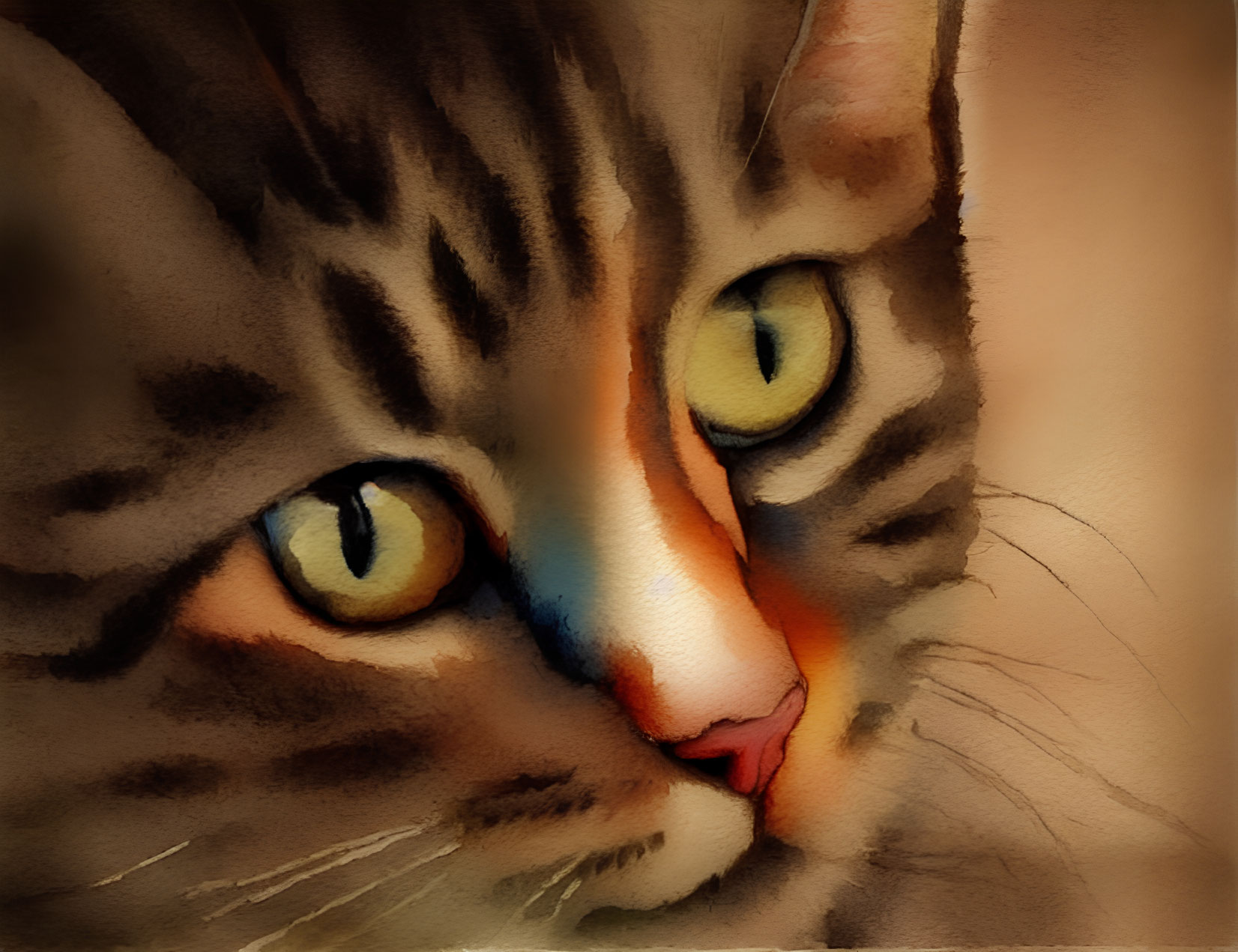 Tabby Cat with Yellow Eyes and Pink Nose in Watercolor Style