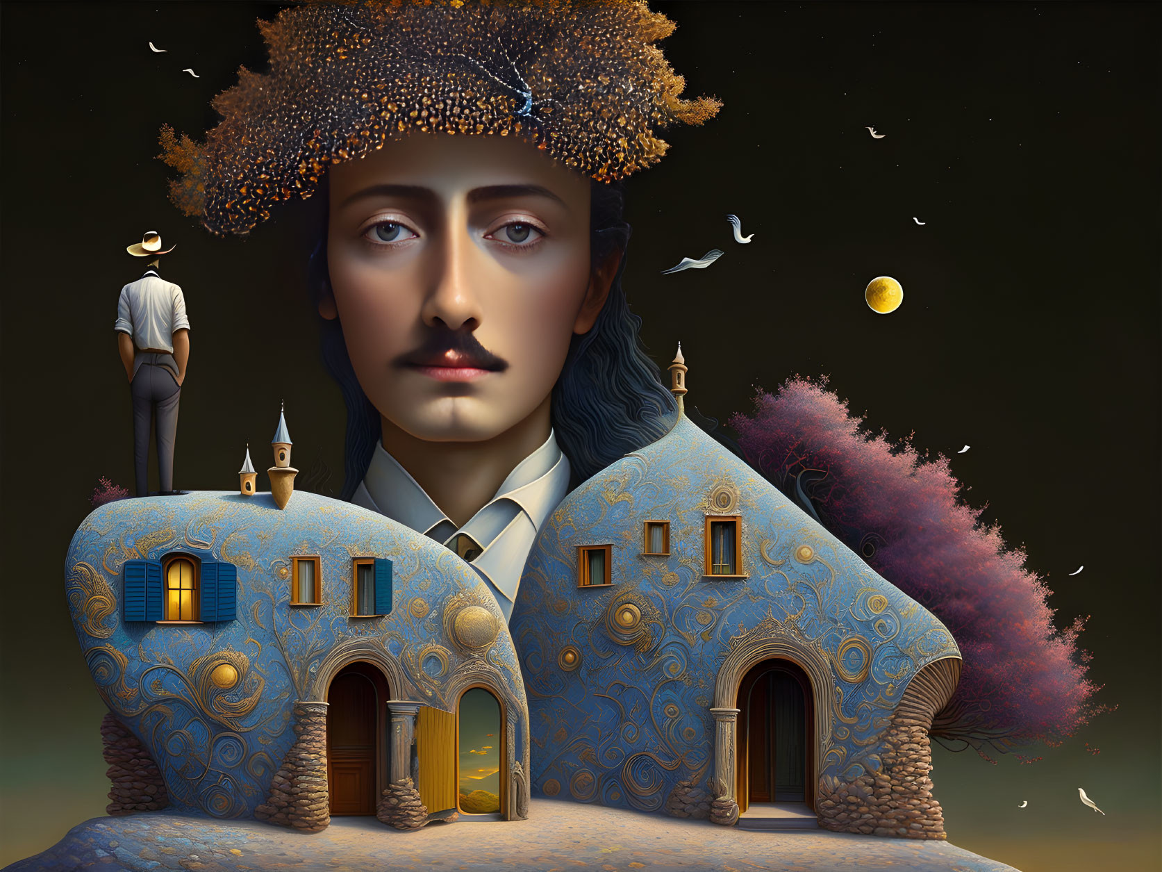 Portrait blending with architectural elements: head transforms into houses with tiny figure, birds, and moon.