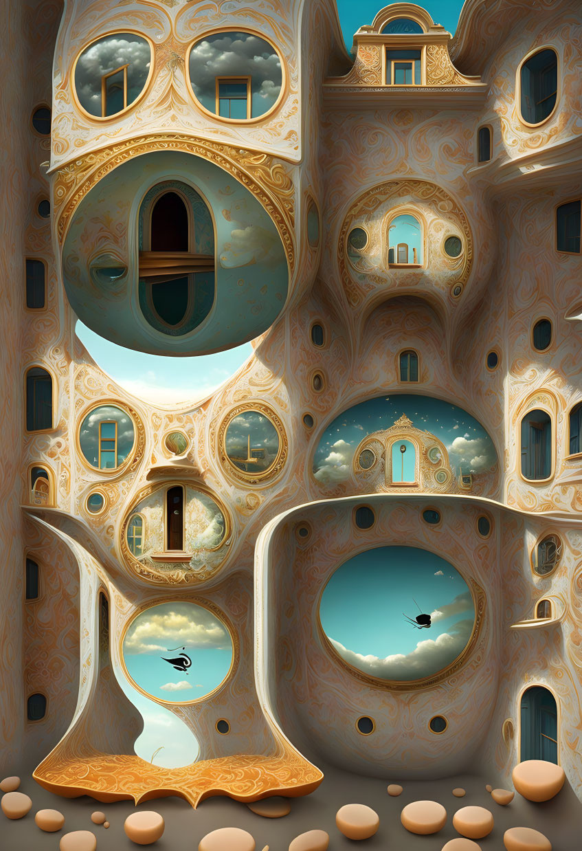 Distorted ornate architecture with circular windows in surreal artwork