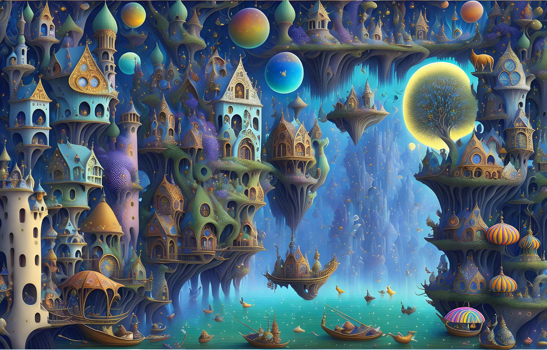 Fantasy landscape: Floating islands, whimsical towers, waterfalls, boats, and glowing orbs under