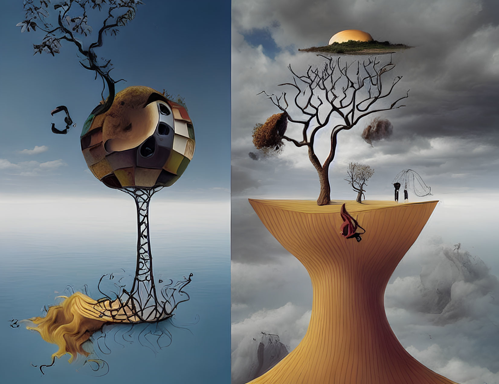 Surreal artwork featuring hut on stilts, twisted tree, floating elements, figure on head-shaped