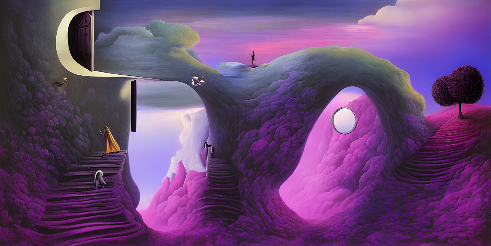 Surreal Purple Landscape with Undulating Terrain and Whimsical Structures