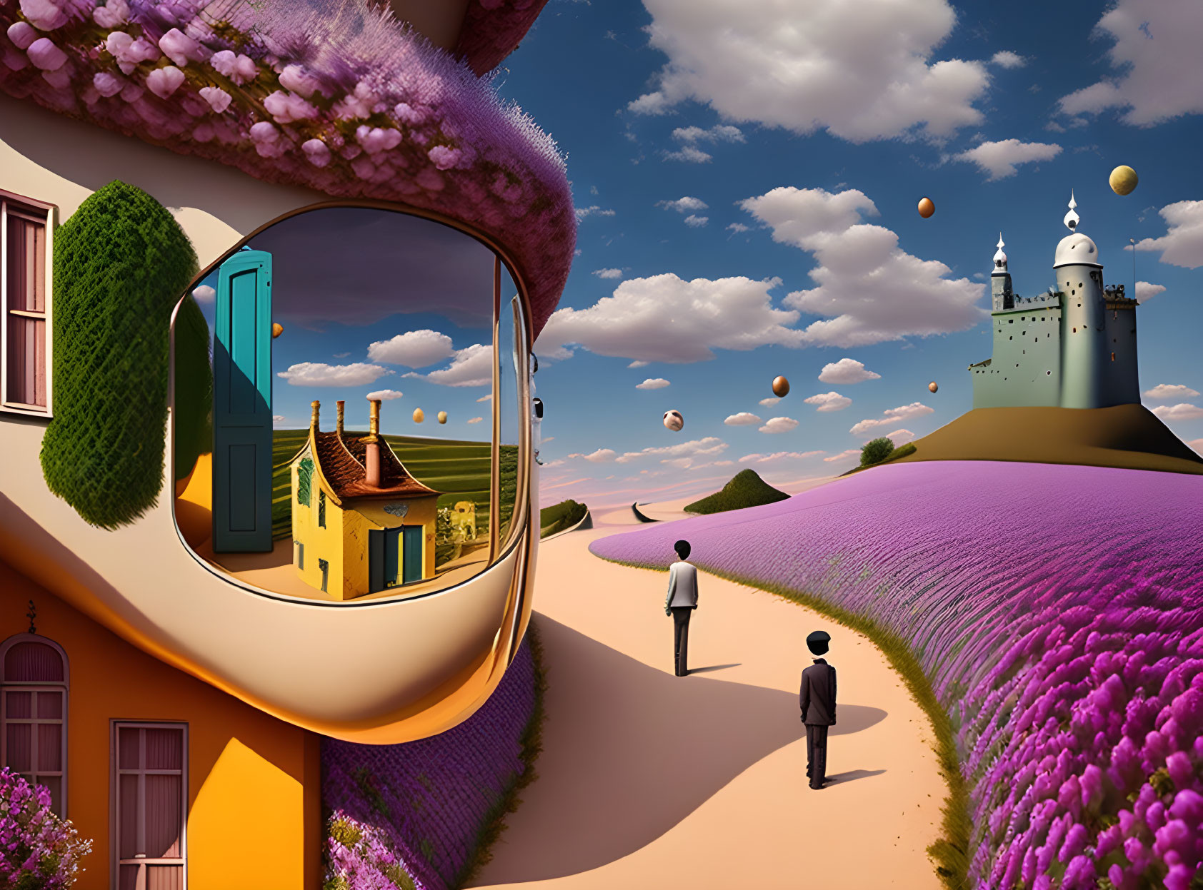 Surreal landscape featuring giant eyeglass frame, reflective house, man on lavender path, and