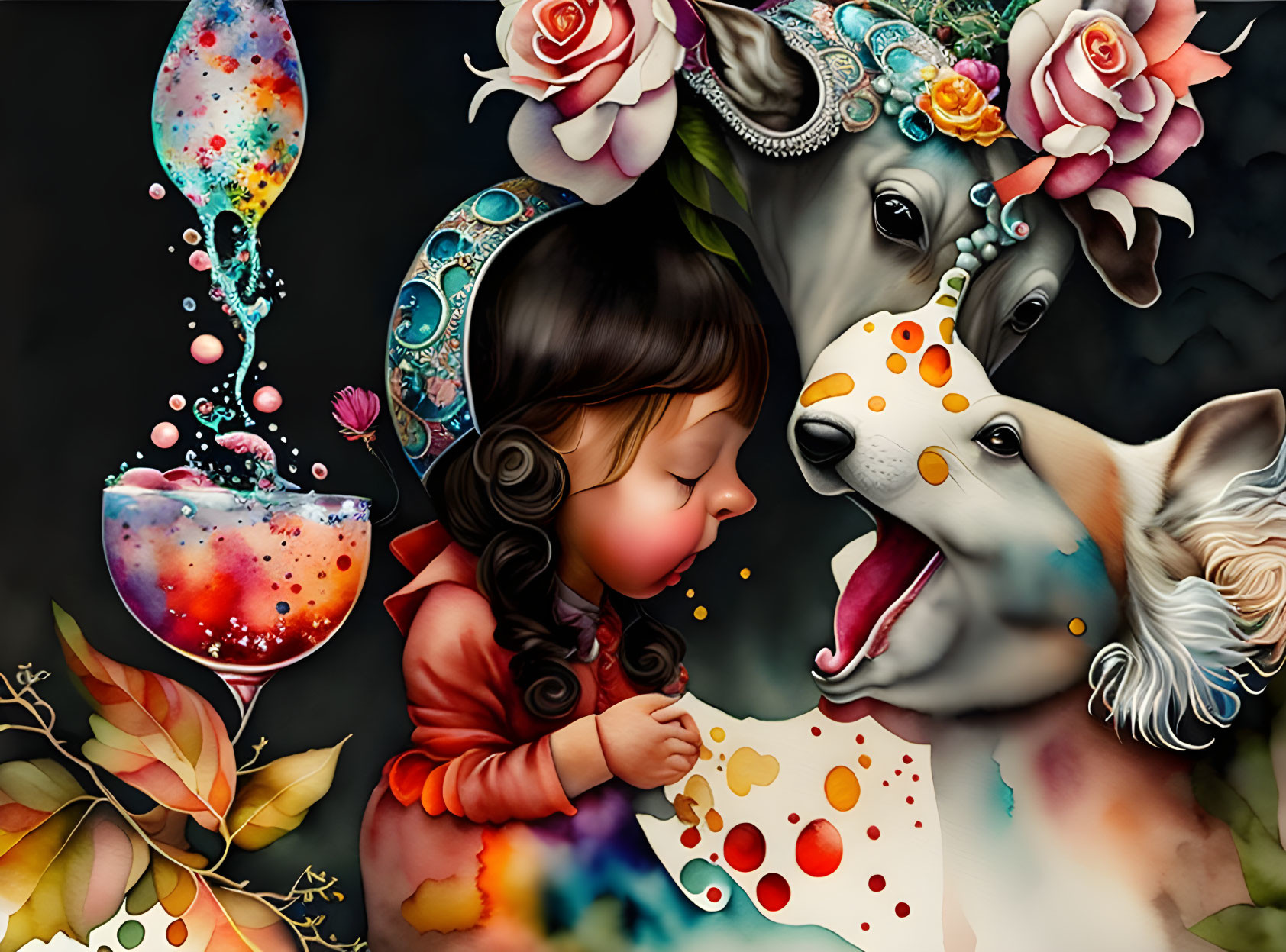 Colorful whimsical artwork: girl and dog with floral headband in imaginative moment with floating liquid.
