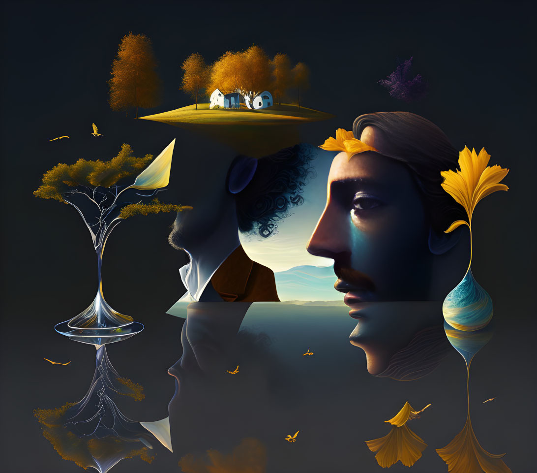 Surreal profile of man's face with nature elements and floating island.