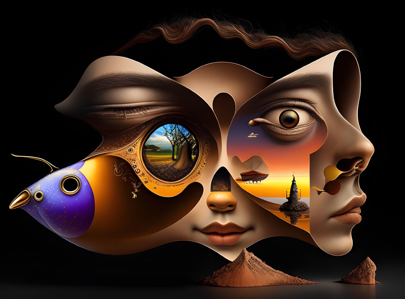 Fragmented face with butterfly wing and landscape eye against black background