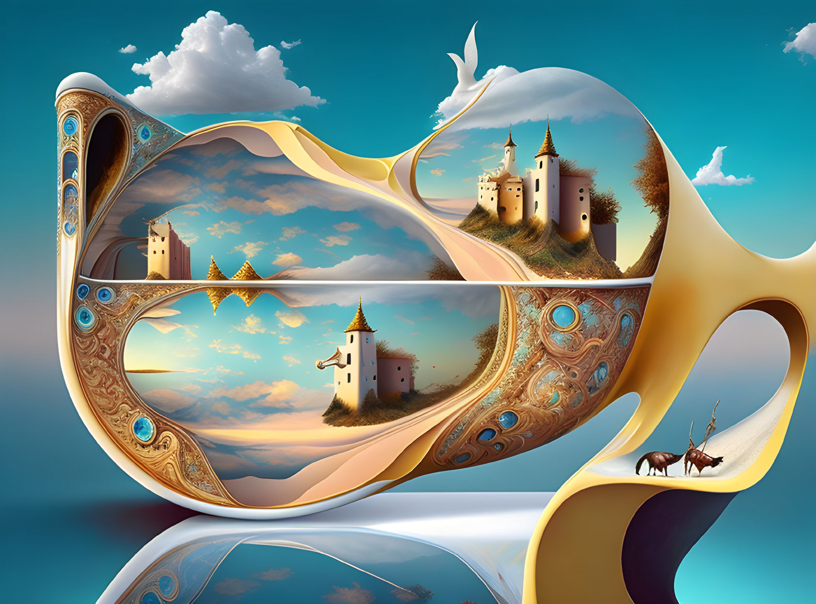 Surreal landscape artwork in Möbius strip structure with castles, hills, birds, stag