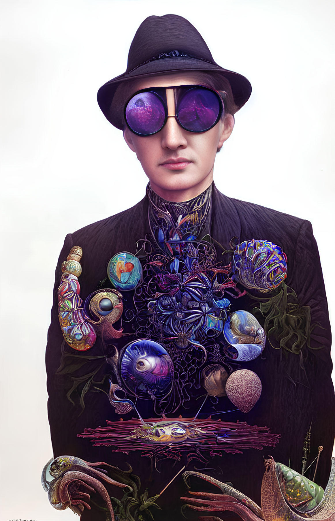 Surreal portrait featuring person with bowler hat and purple-tinted round glasses
