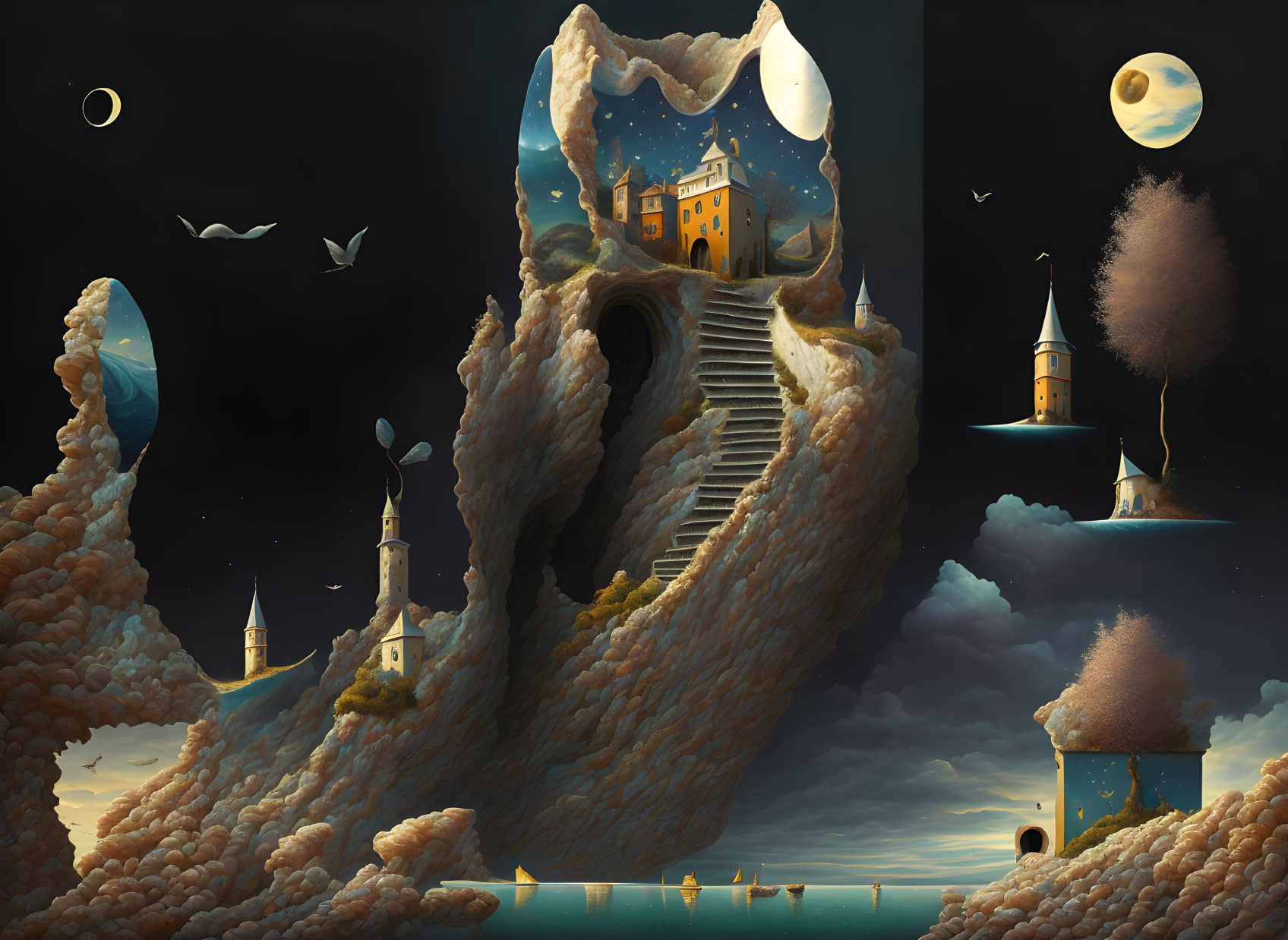 Surreal landscape with rocky staircase, whimsical buildings, crescent moon, floating islands, birds