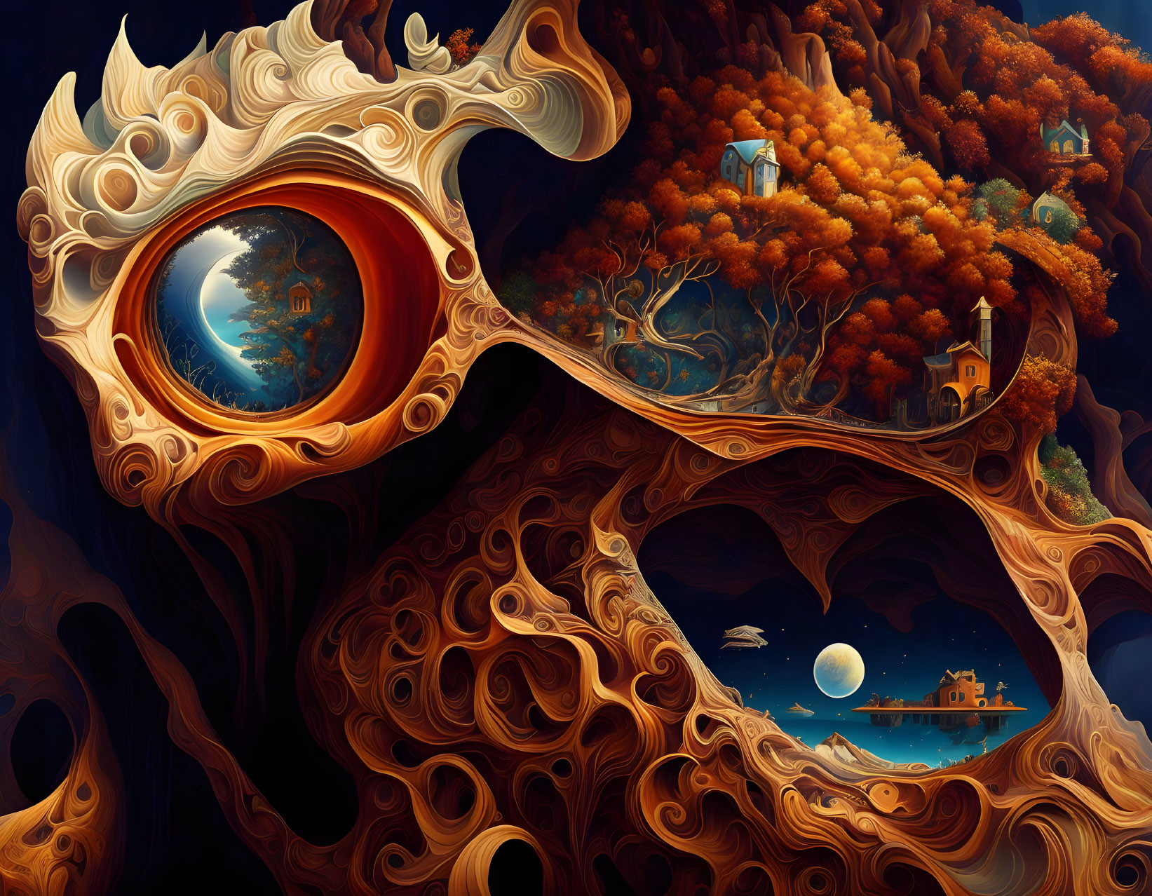 Fantastical landscape with swirling tree patterns and wood-textured eye