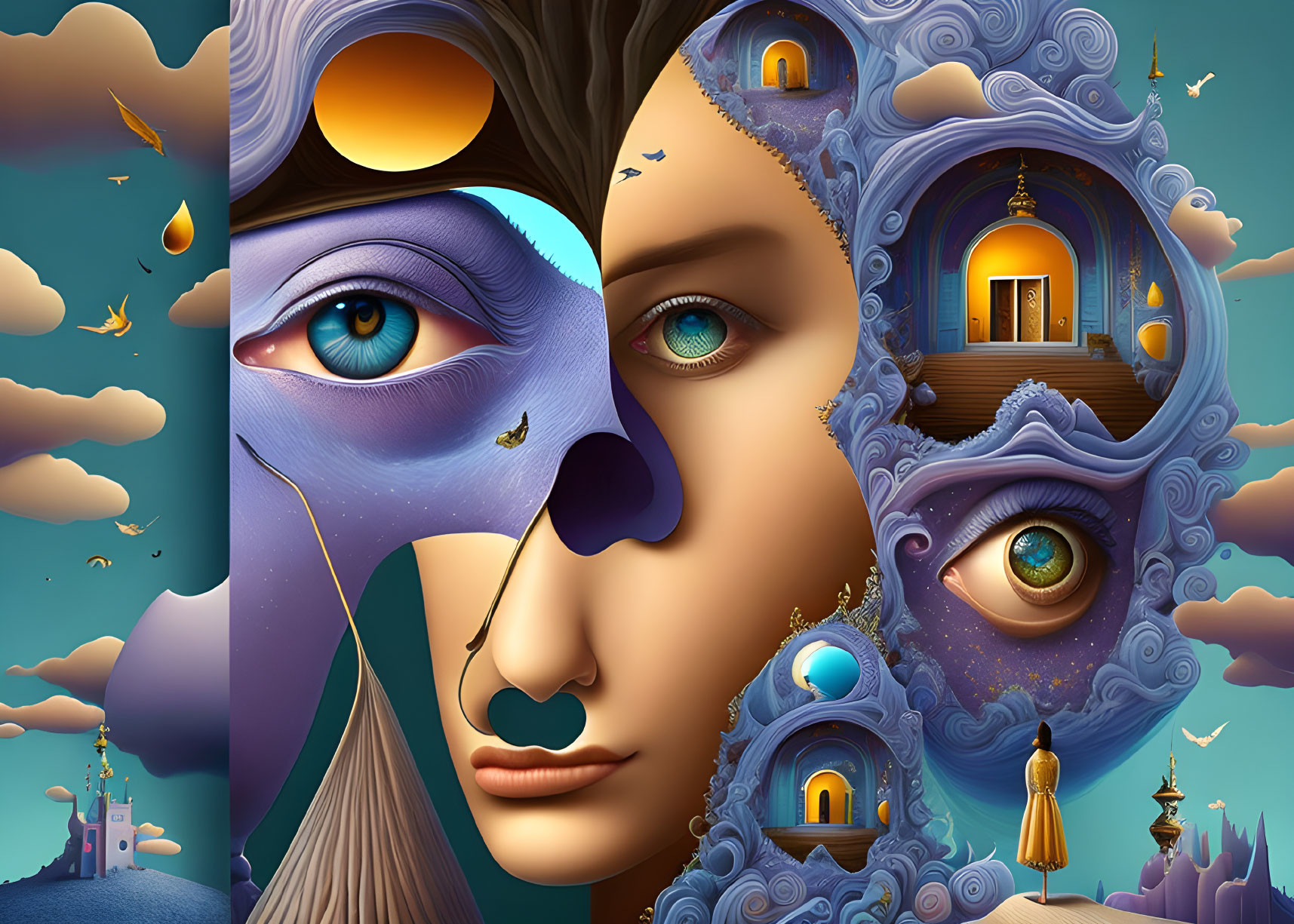 Surreal Artwork: Faces with Architectural and Natural Elements