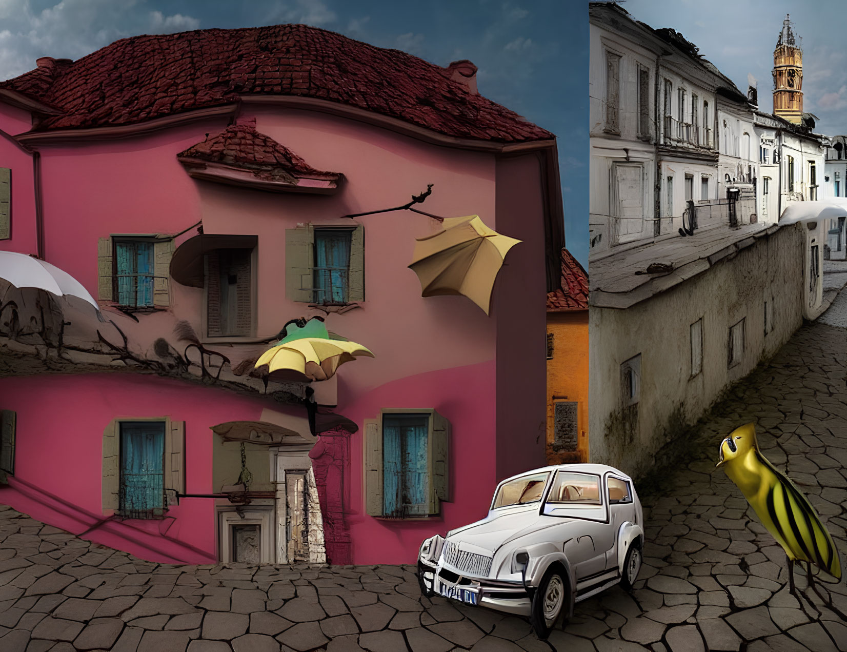 Surreal pink building, flying banana umbrellas, vintage car, traditional street