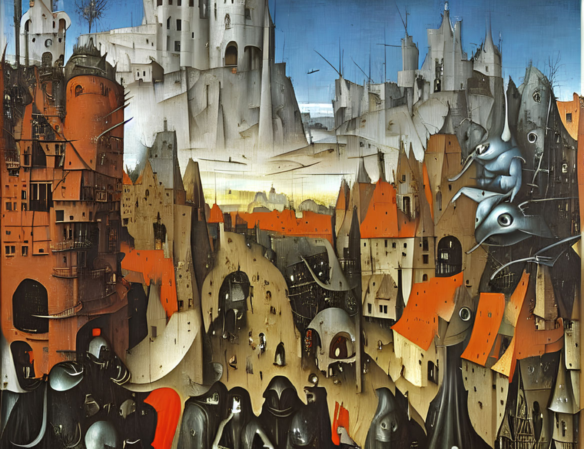 Medieval cityscape painting with surreal armored figures and anthropomorphic structures