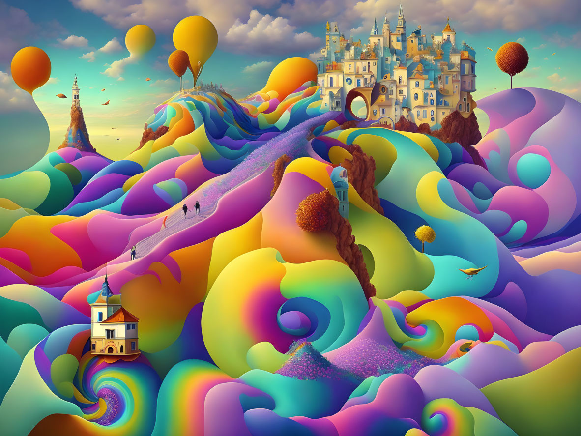 Colorful Landscape with Castle, Balloons, and Tiny Figures