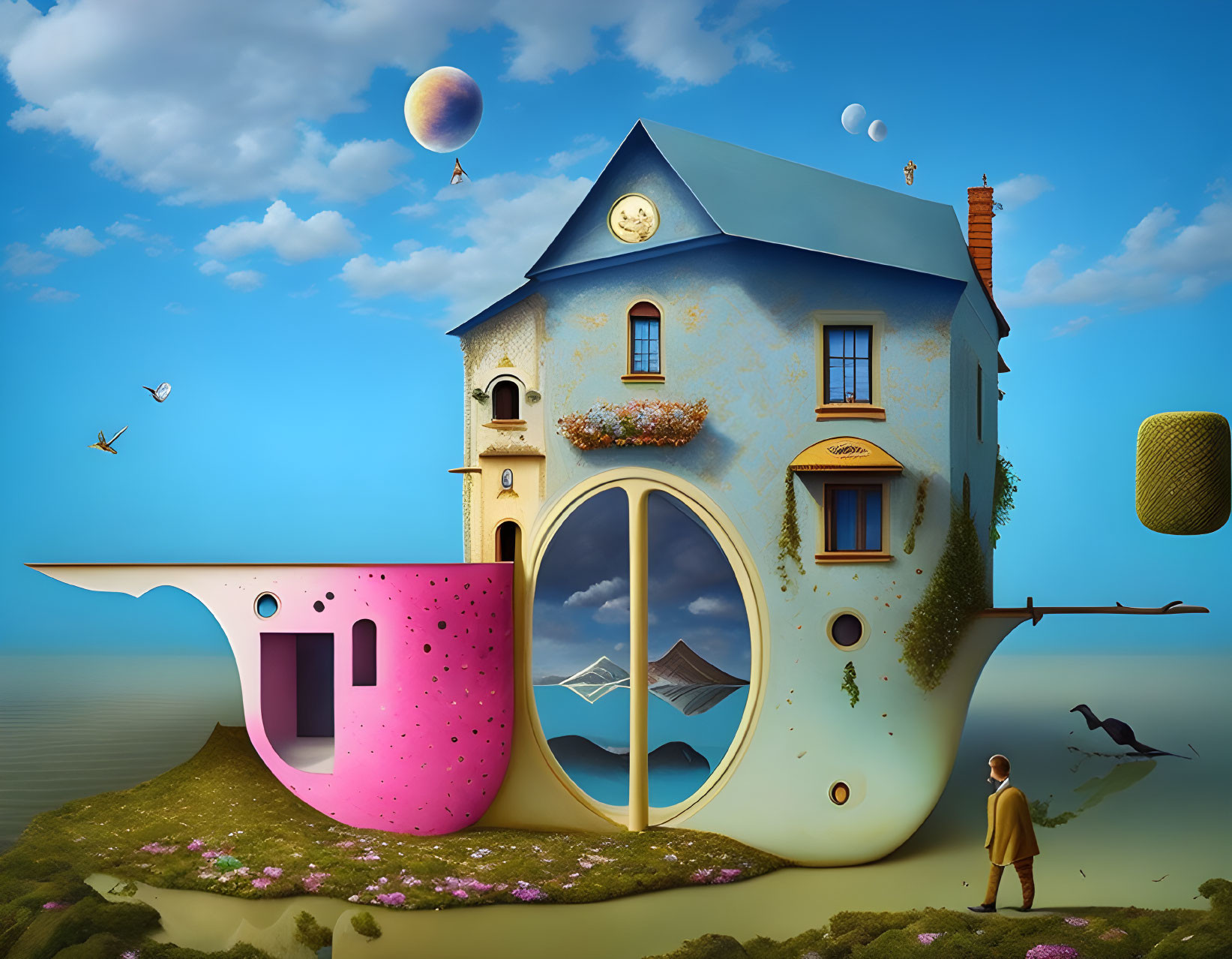 Whimsical surreal artwork with teapot house, celestial elements, man, and birds