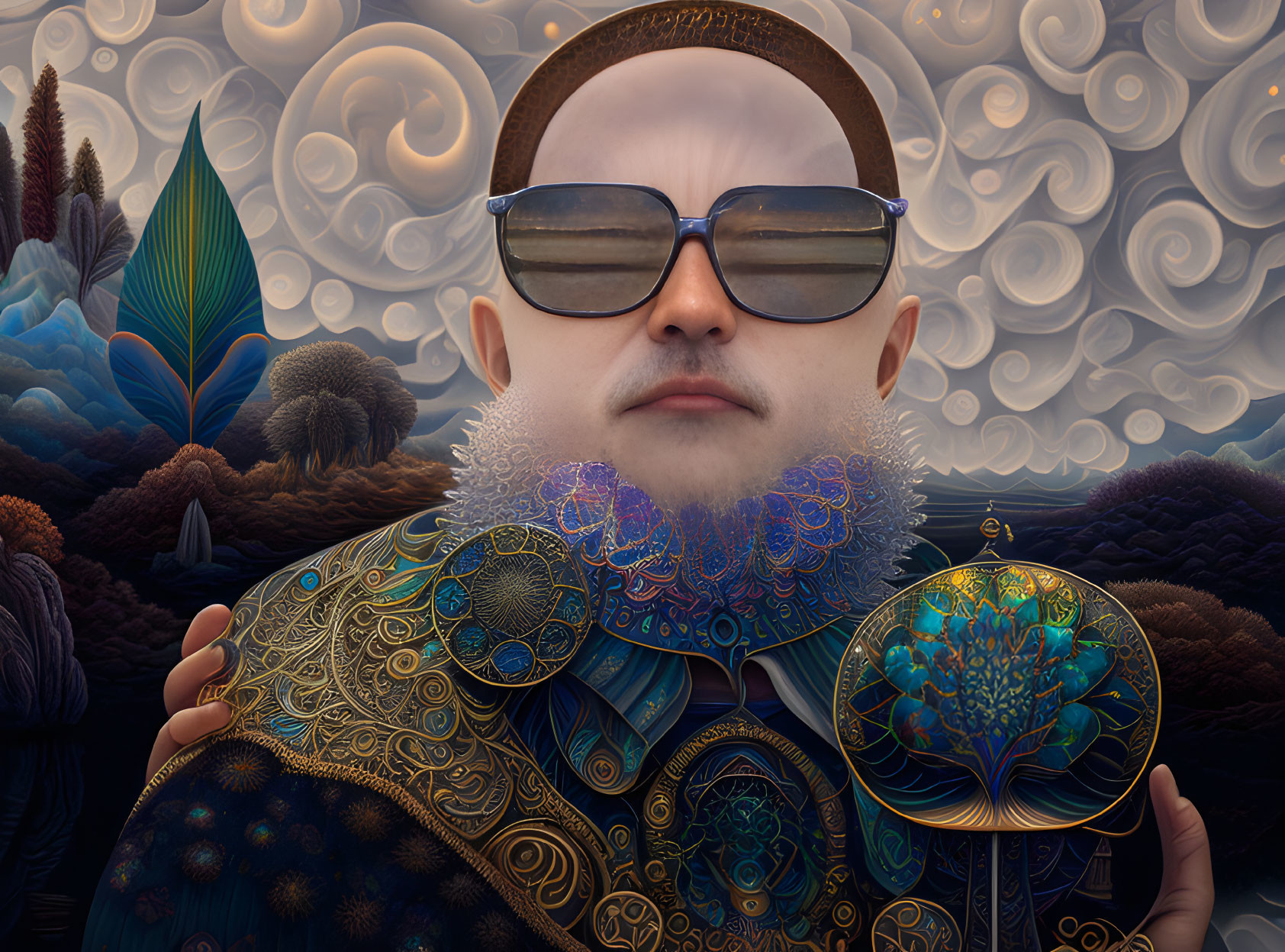 Stylized portrait of man with patterned beard and sunglasses