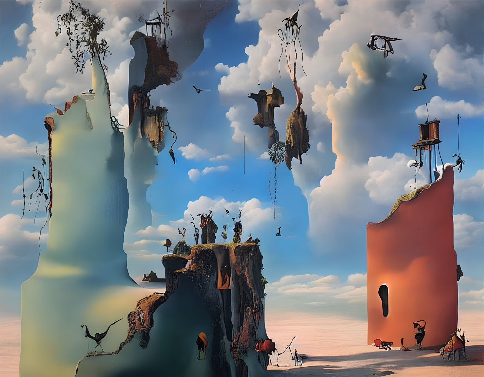 Surreal landscape: floating islands, whimsical structures, imaginary creatures, pastel-hued clouds
