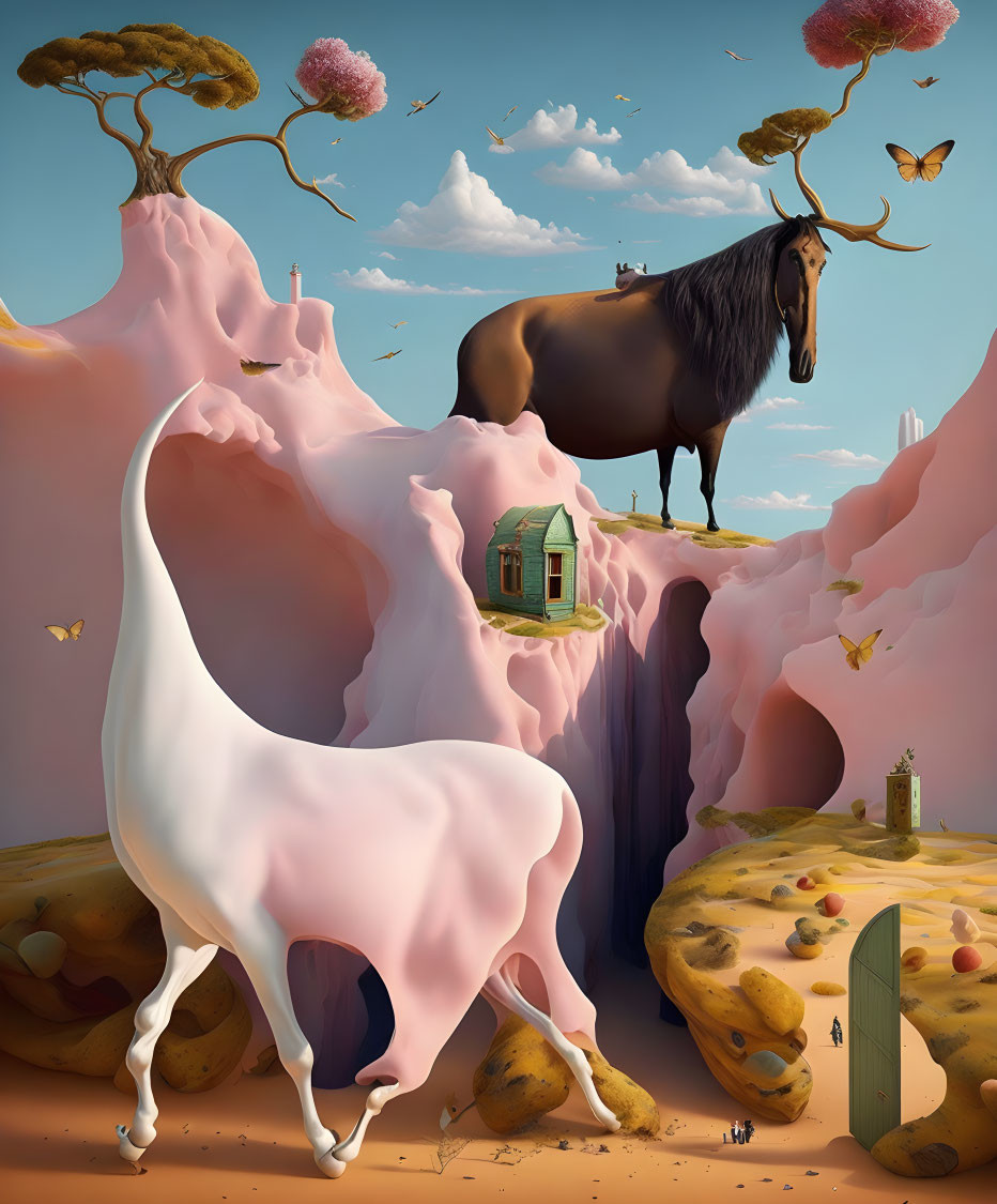 Surreal landscape featuring draped horse shape, wildebeest on pink cliff, floating islands,