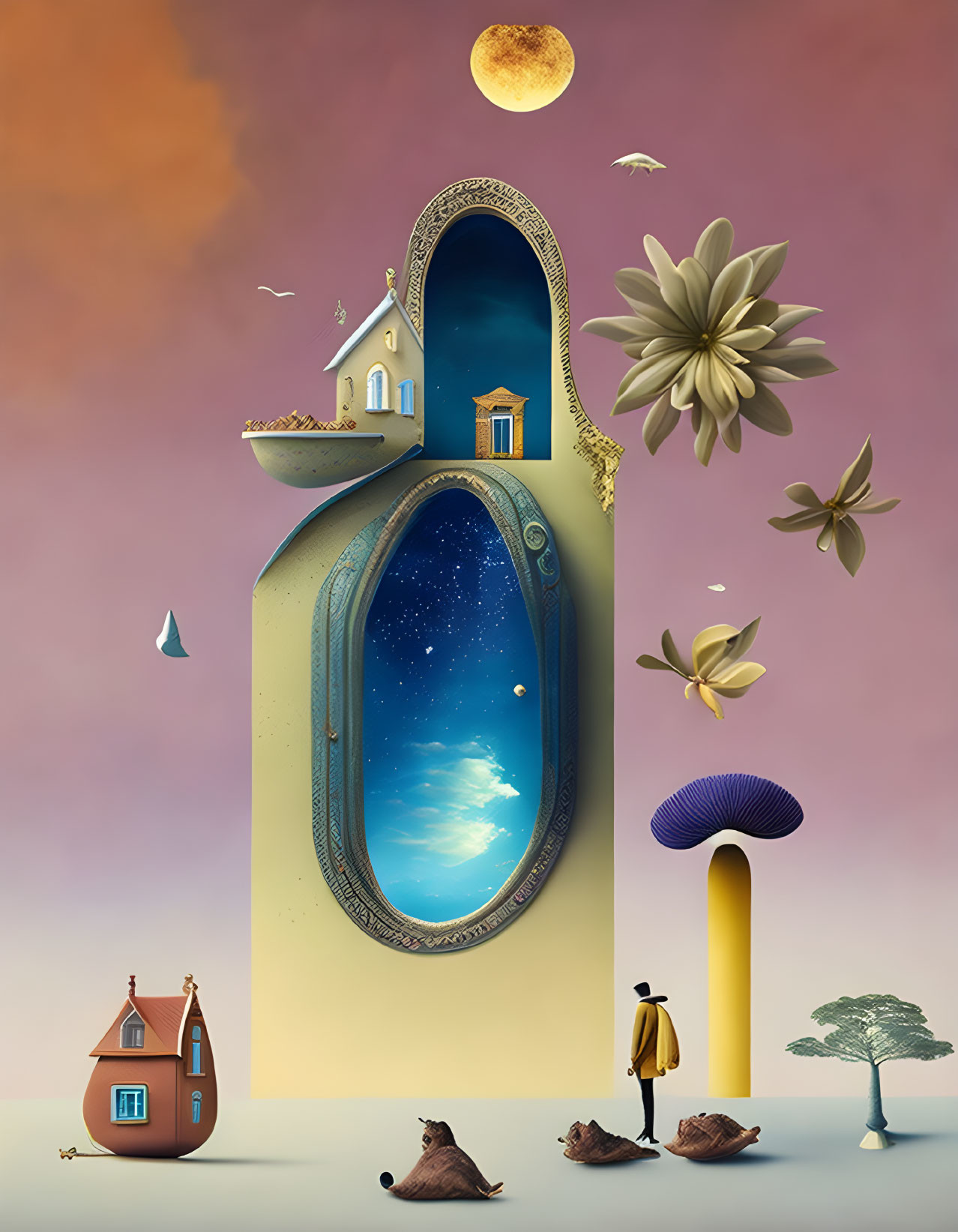 Surreal artwork: man gazes at towering door to starry sky with floating house, flowers