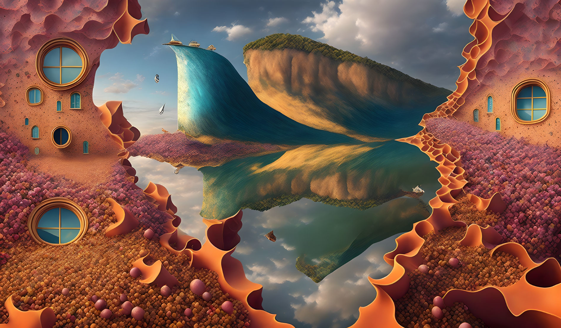 Surreal landscape with floating island and wave-shaped cliffs