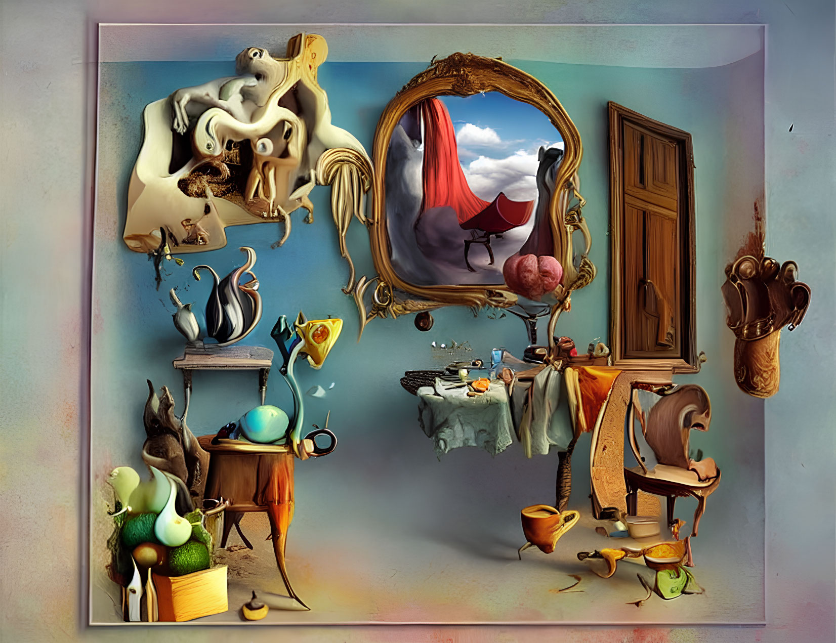 Distorted objects in surrealistic room with ornate mirror and floating elements