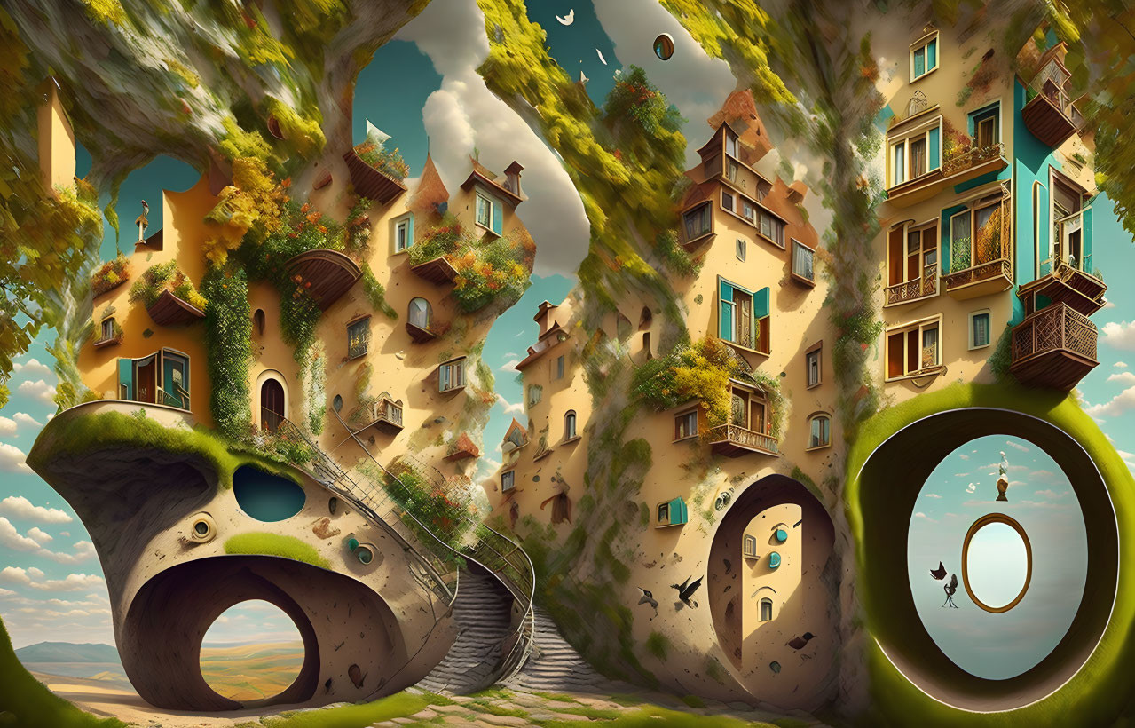 Surreal landscape with whimsical trees and fantasy architecture